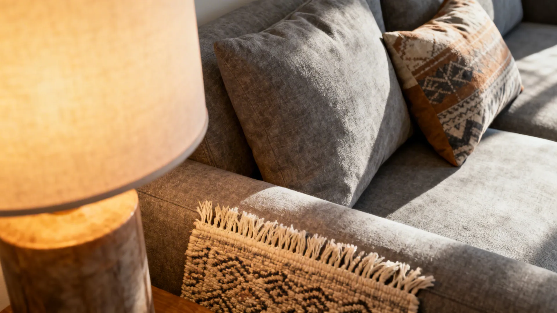 Grey sofa with patterned pillows and warm table lamp lit by natural sunlight in room