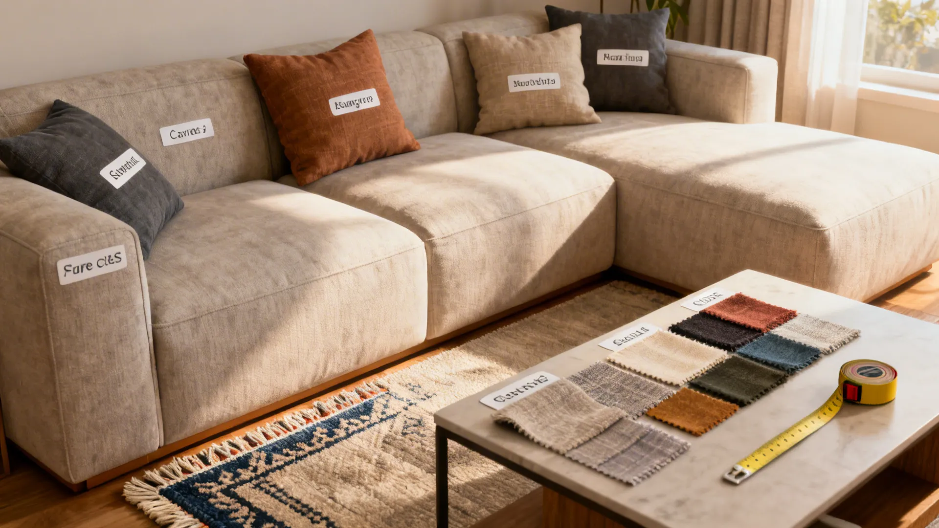 Vignette with sectional, rug edge, measuring tape and fabric swatches illustrating FAQ topics like rug size and care.
