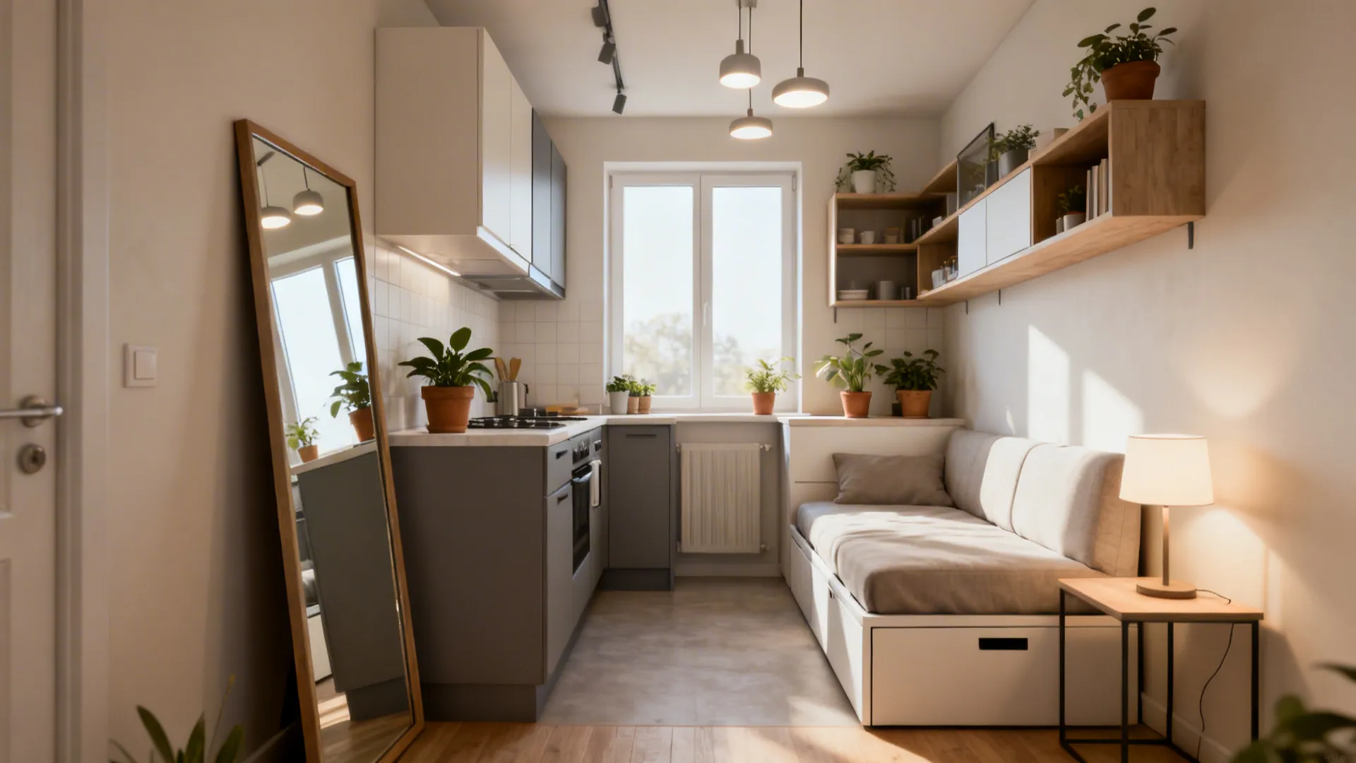 Small apartment vignette showing mirror placement, mixed storage, and multifunctional furniture.