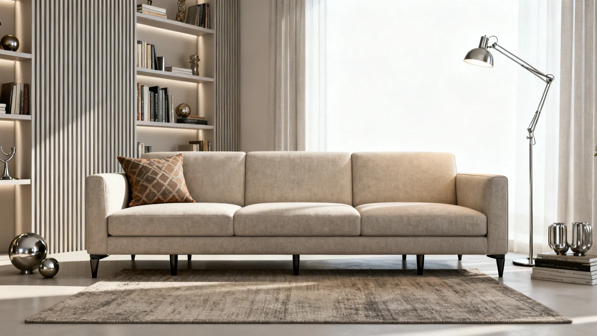 Vignette showing neutral palette, one accent pillow, vertical storage and task lighting in a modern living room