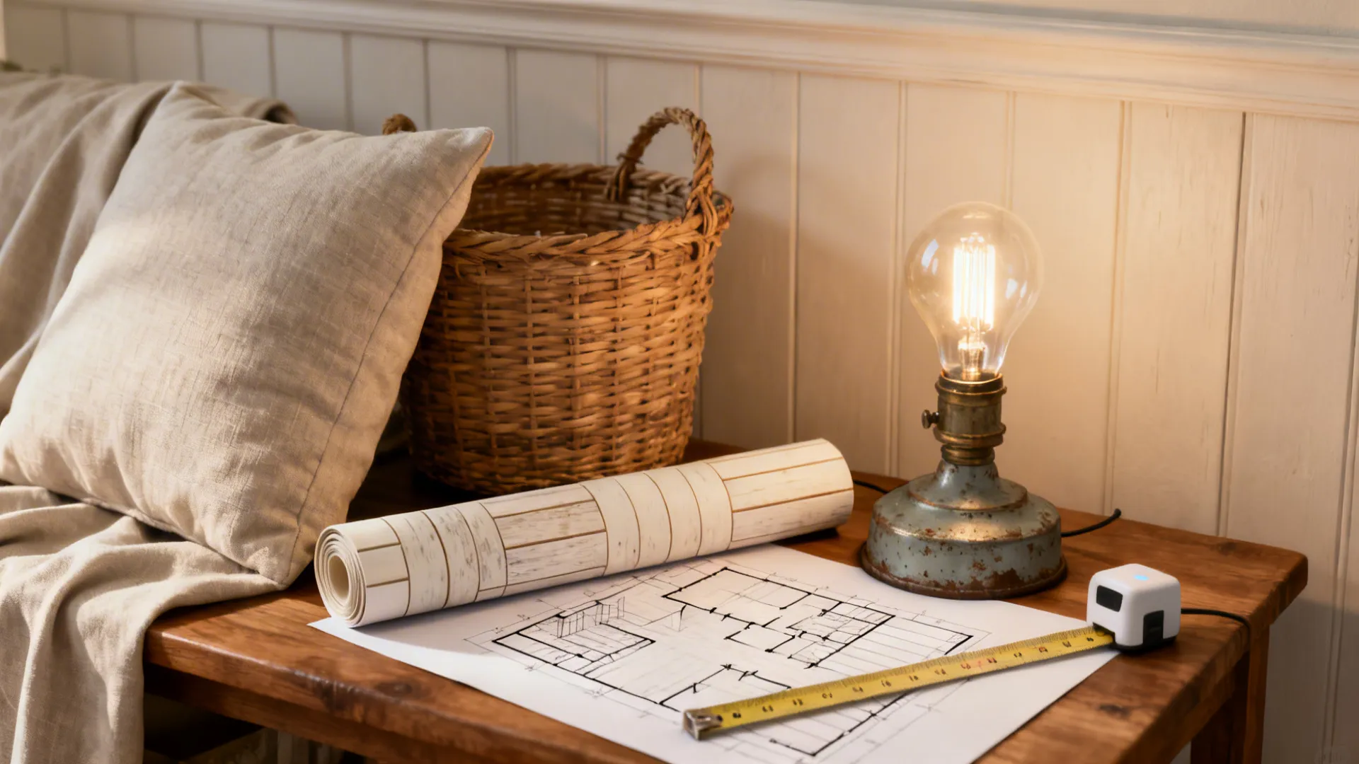 Vignette of thrifted decor, removable wallpaper sample, smart bulb and planning tools for small farmhouse refresh tips