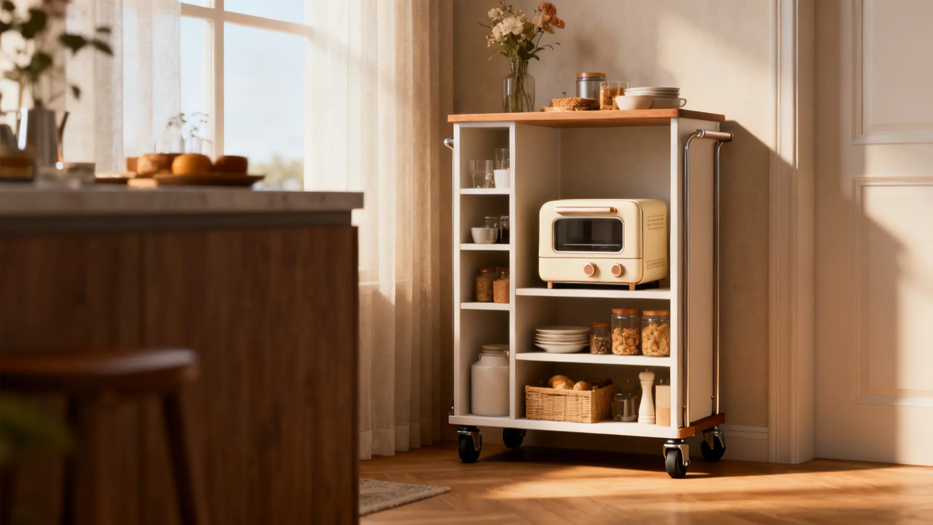 Movable narrow island, compact appliance, and tidy open shelves illustrating small kitchen FAQs.