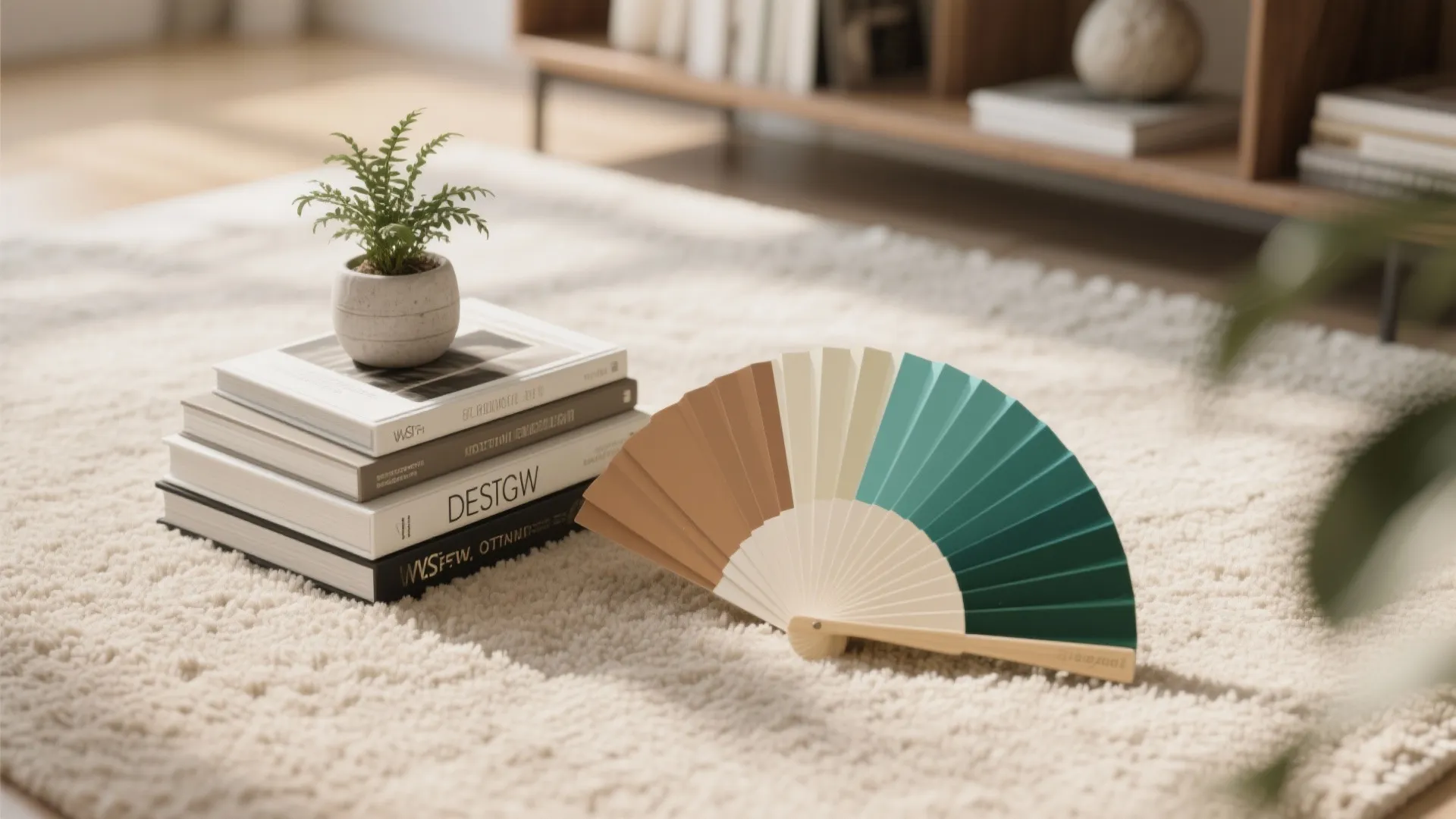 Close up of a small green plant stack of books and colorful fan on white rug