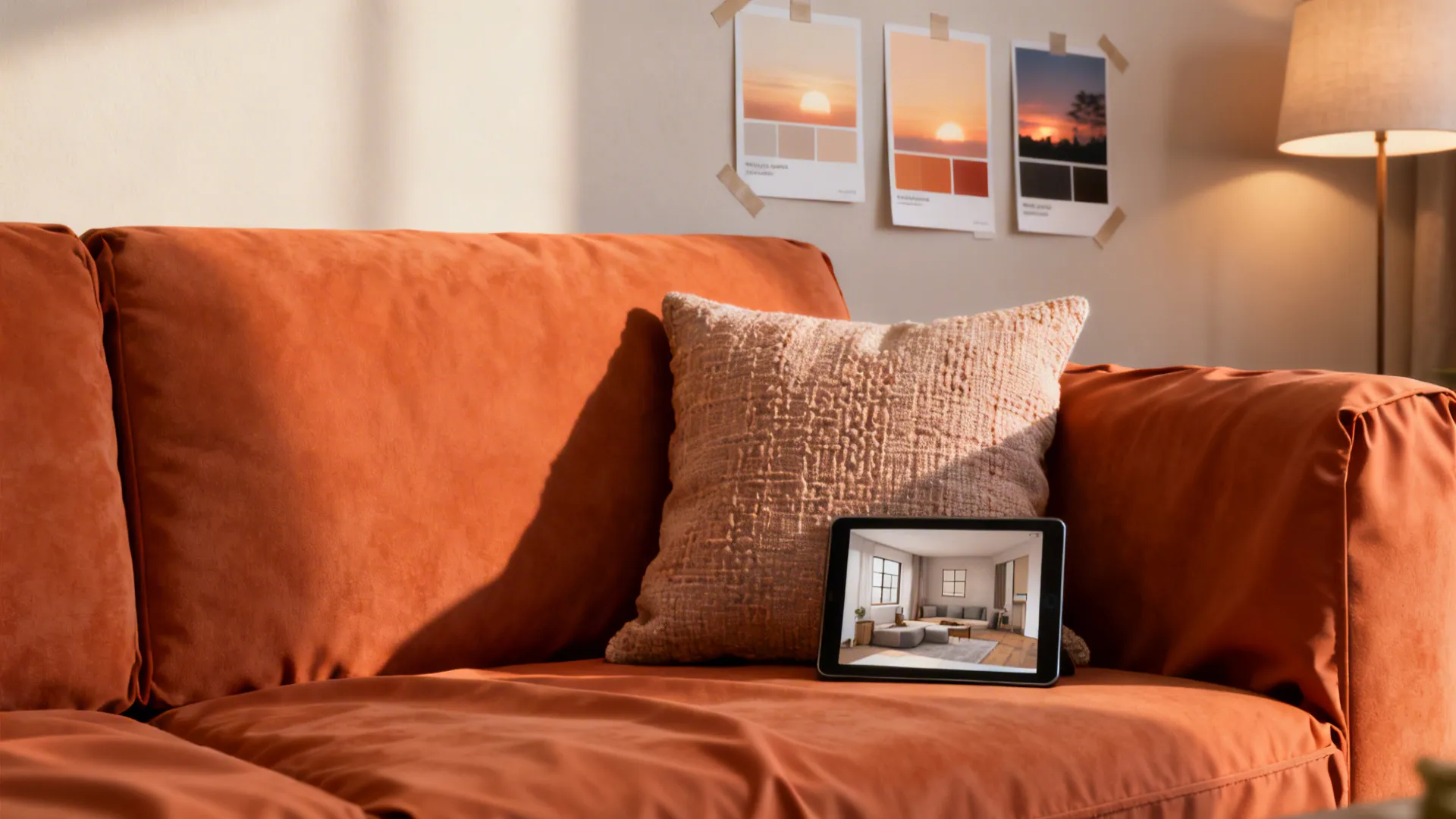 Close-up of sofa slipcover, washable pillow, paint swatches and 3D layout mockup for testing colors.
