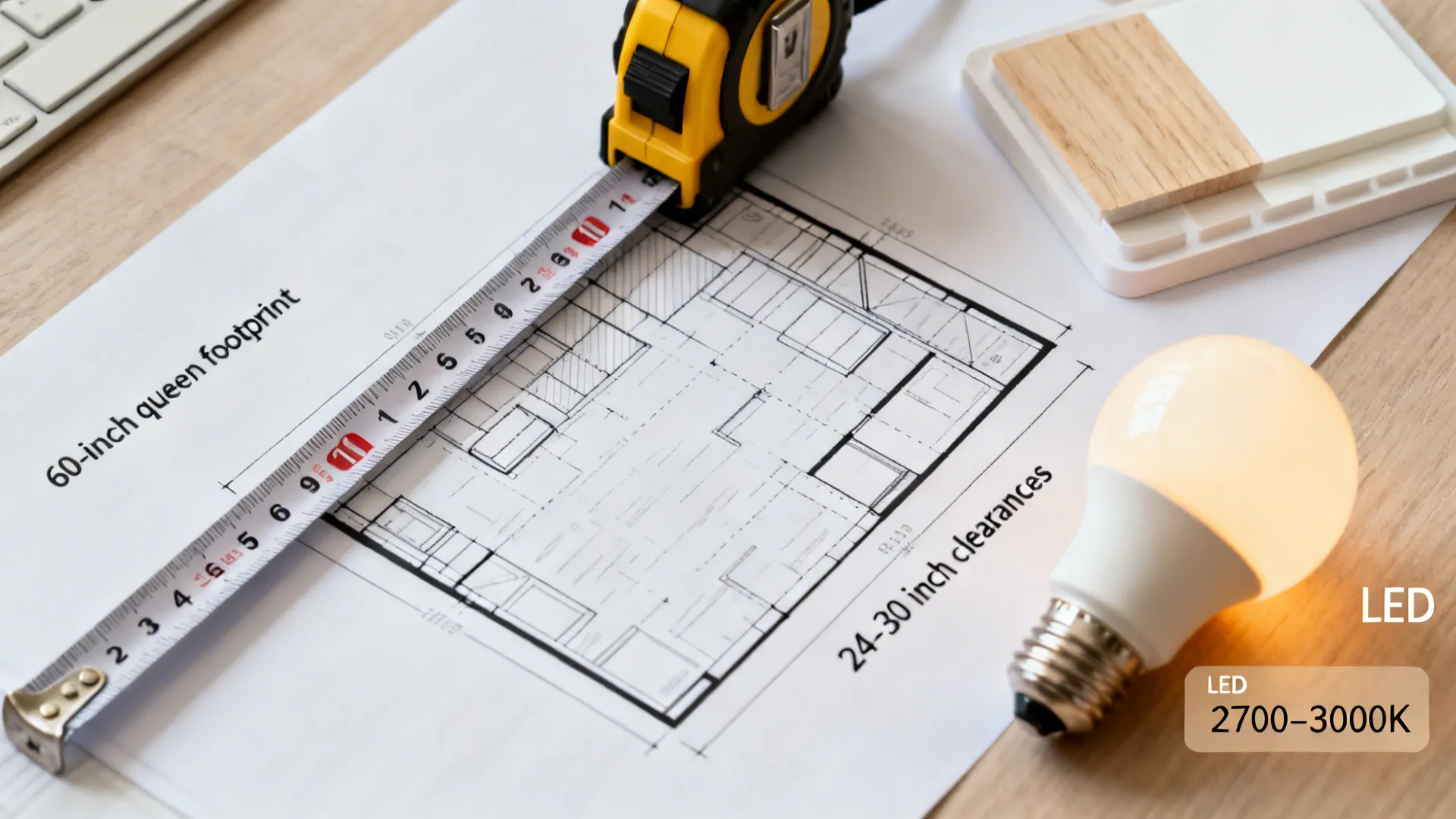 Paper floor plan with tape measure, light bulb, and wood samples on a light desk
