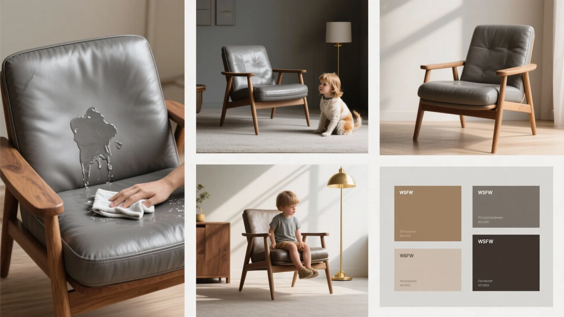 Collage showing a grey chair being cleaned with water alongside a child dog and colors