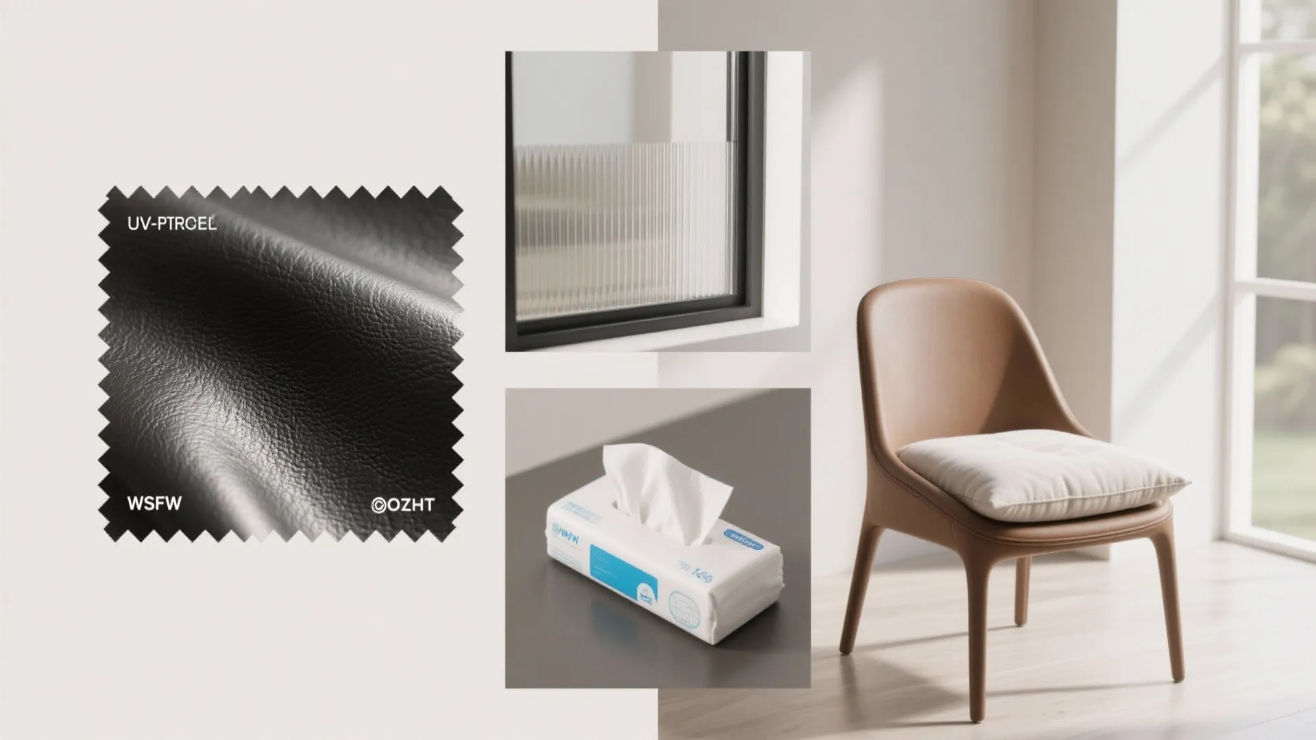 Vignettes of faux leather swatch, UV film, cushion and cleaning tools illustrating FAQs.