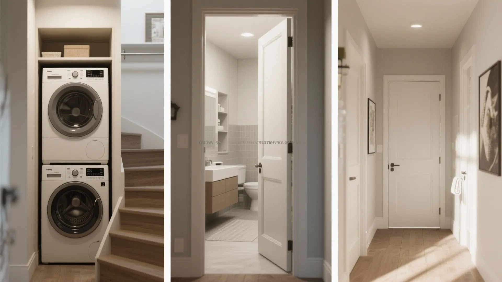Collage showing laundry machines by stairs a bathroom through open door and a bright hallway