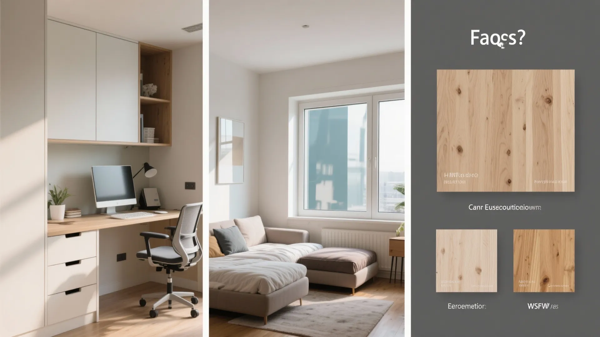 Collage of apartment solutions: office nook, built-in storage, convertible furniture and material samples