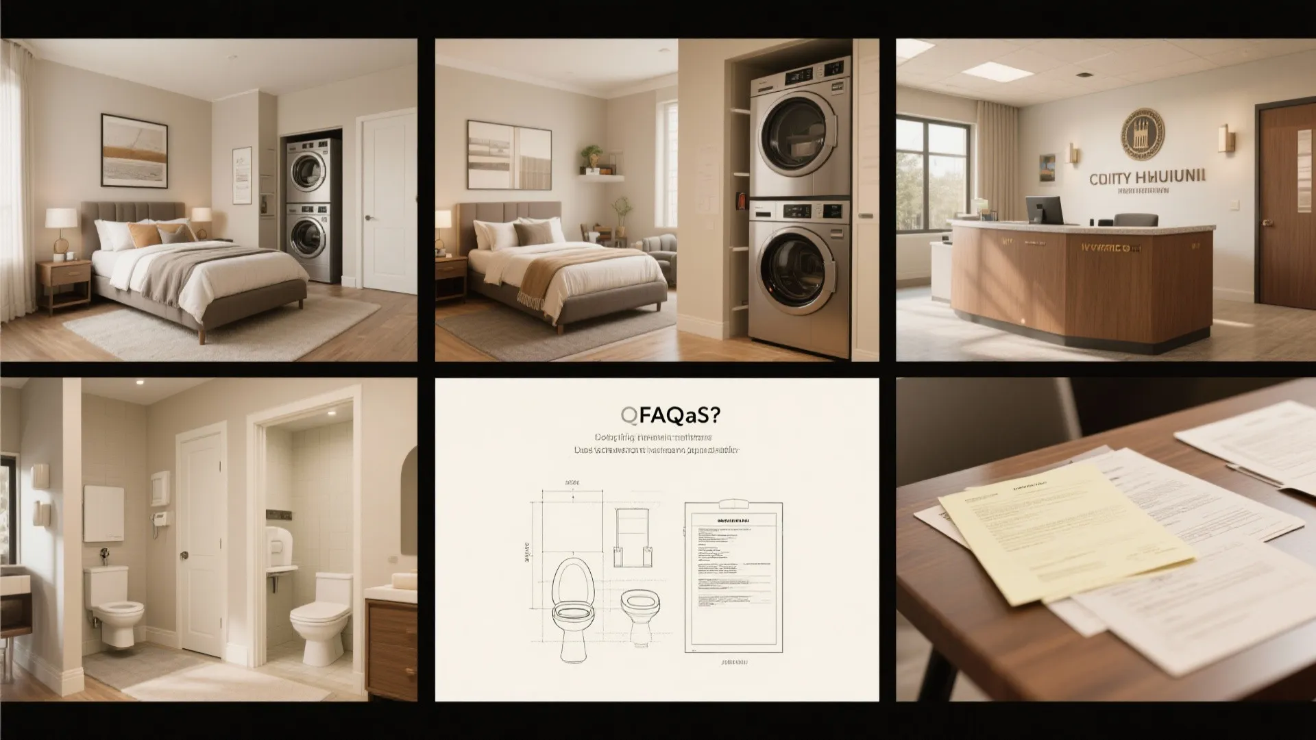 Collage of bedroom, laundry closet, and bathroom vignettes illustrating common questions for a 1500 sq ft home