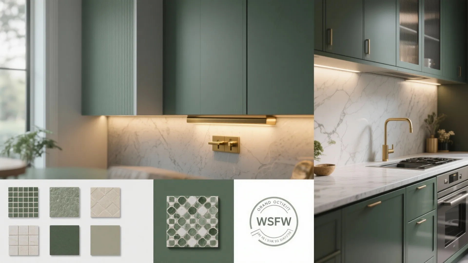 Collage of kitchen vignettes: lighting, hardware, finishes and grout swatches in green and grey palette