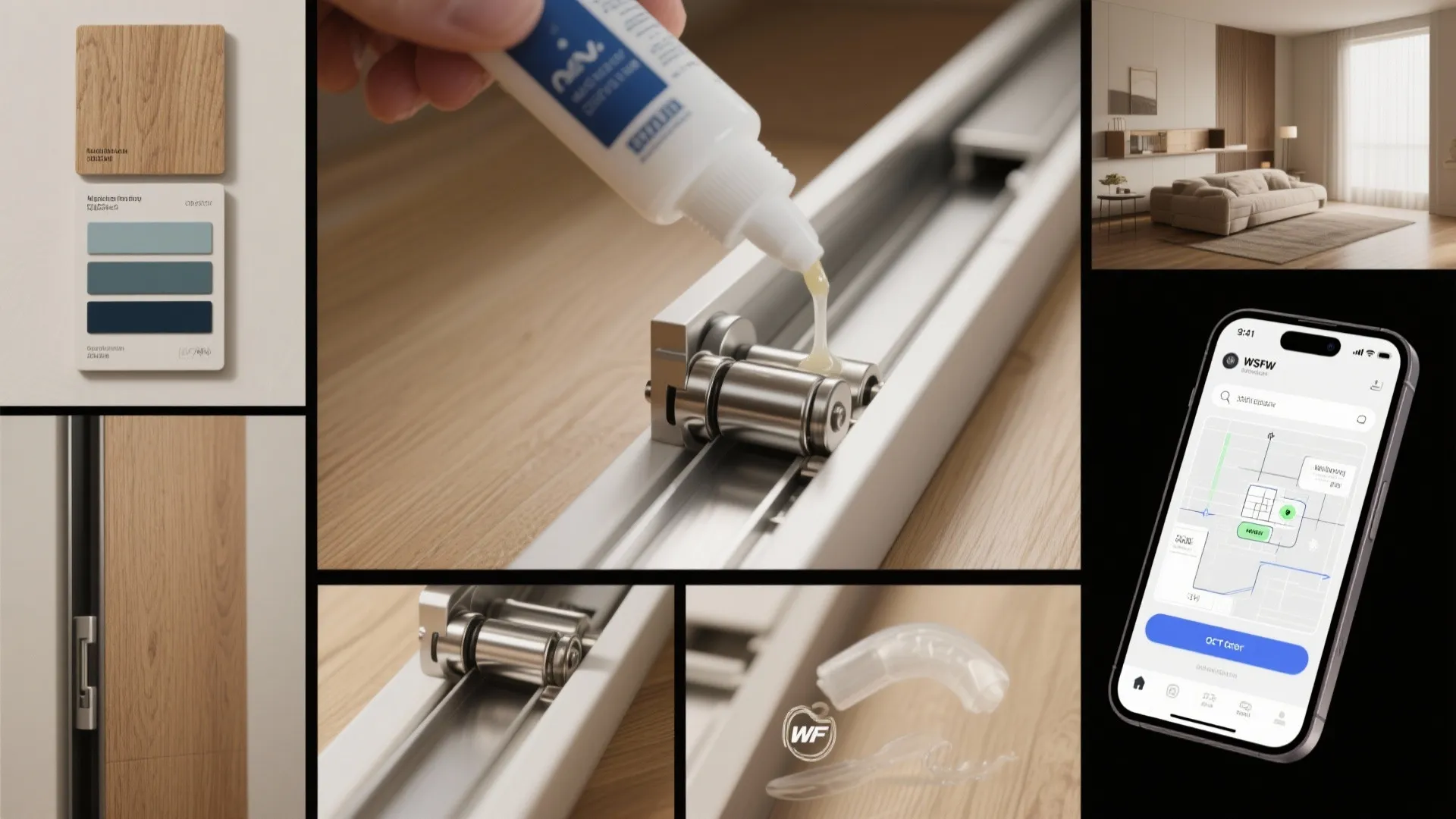 Vignettes showing moisture-resistant finishes, stainless steel hardware, lubricated track and a room-planner app for barn-door vanities.