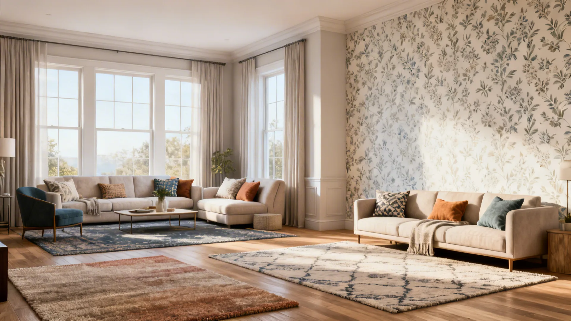 Spacious living room with beige sofas floral wallpaper wooden floors large windows and two patterned rugs