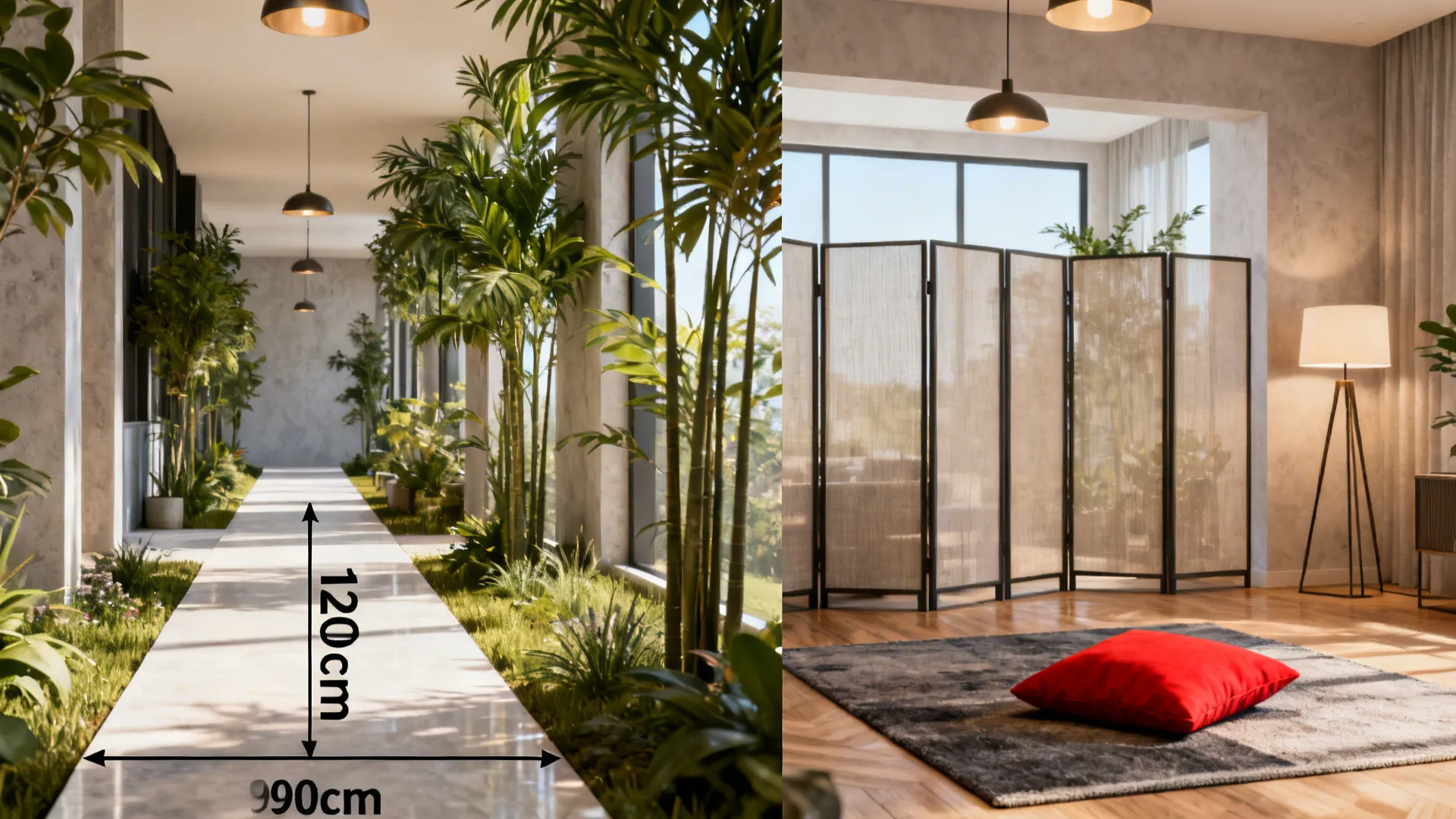 Vignettes illustrating circulation clearances, privacy screens, layered lighting, and flooring continuity