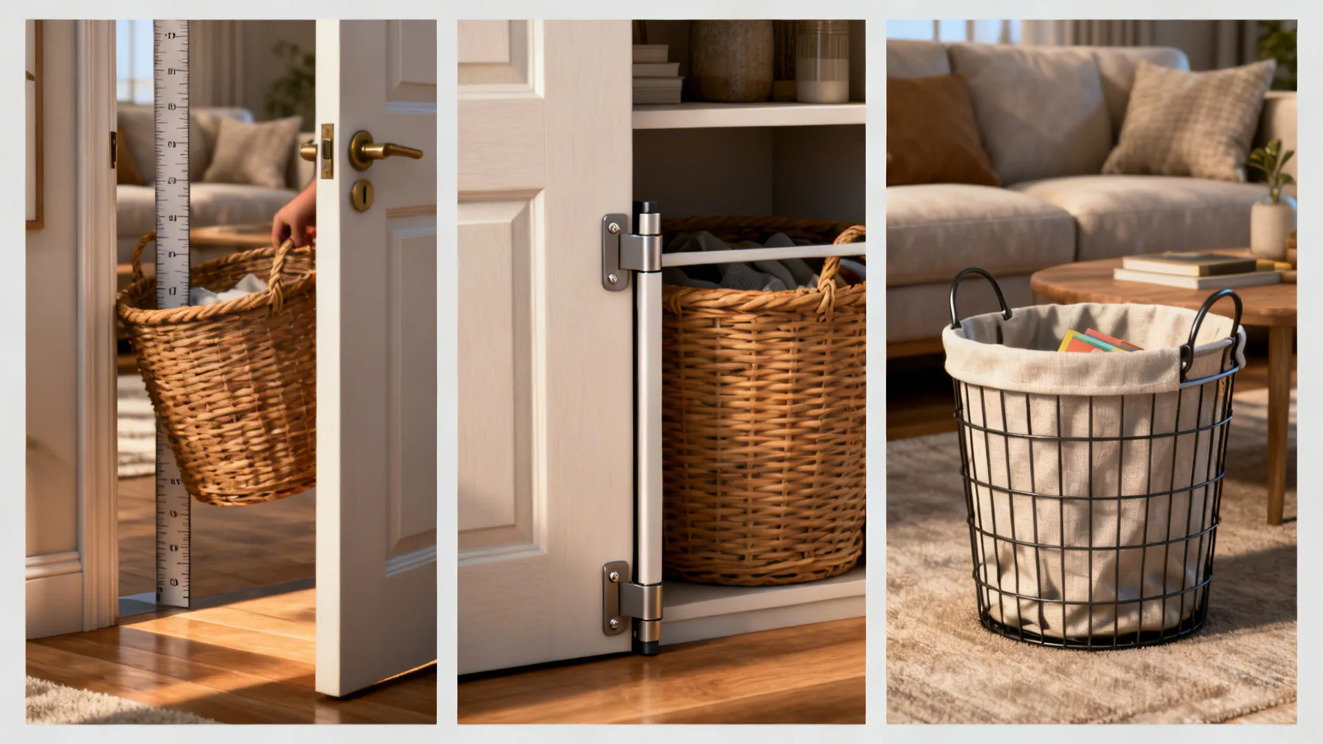 Three vignettes showing doorway measurement, child-safe hinge, and wire basket with liner for FAQ answers.