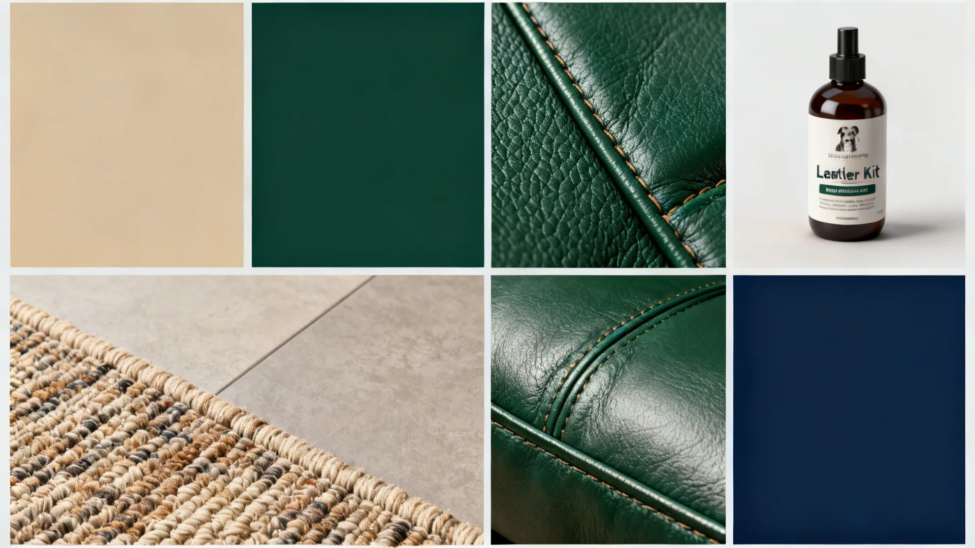 Collage of paint swatches, leather texture, rug corner and leather care kit for FAQ guide.