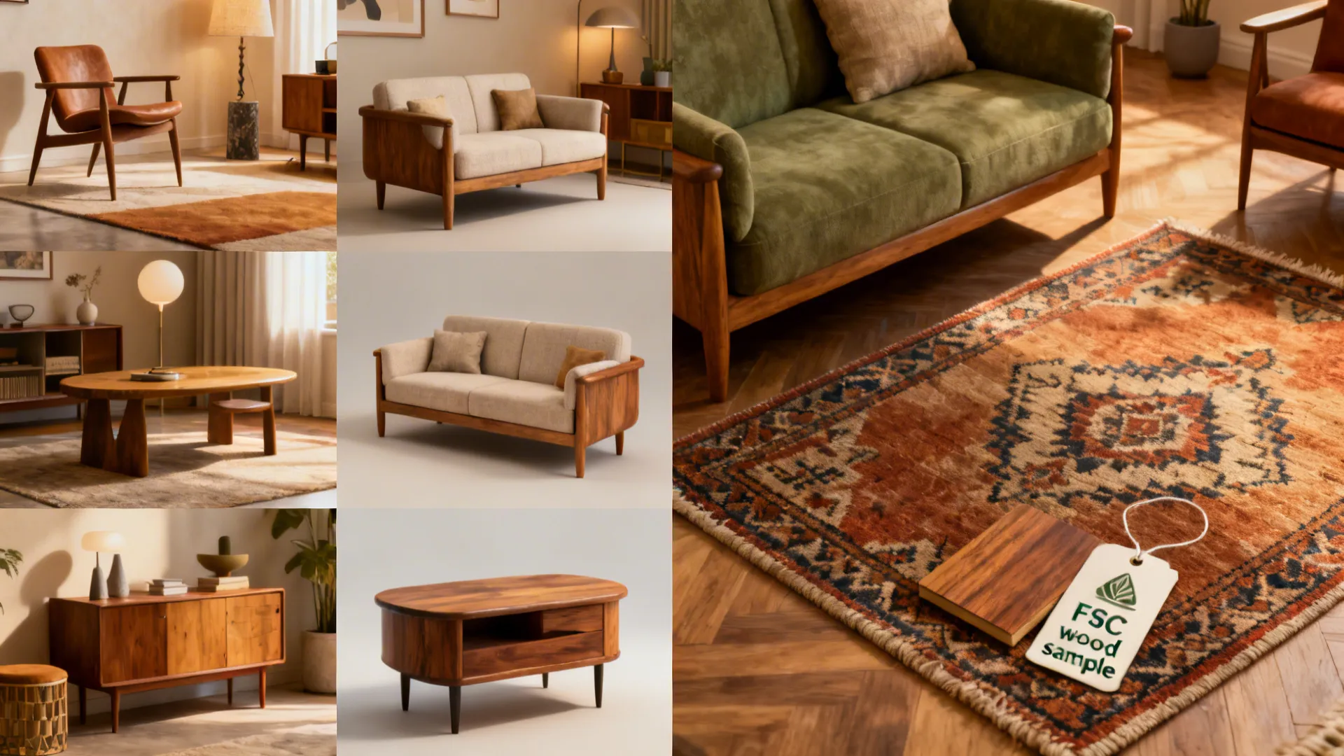 Grid of mid-century vignettes illustrating sofa sizing, rug scale, and sustainable materials
