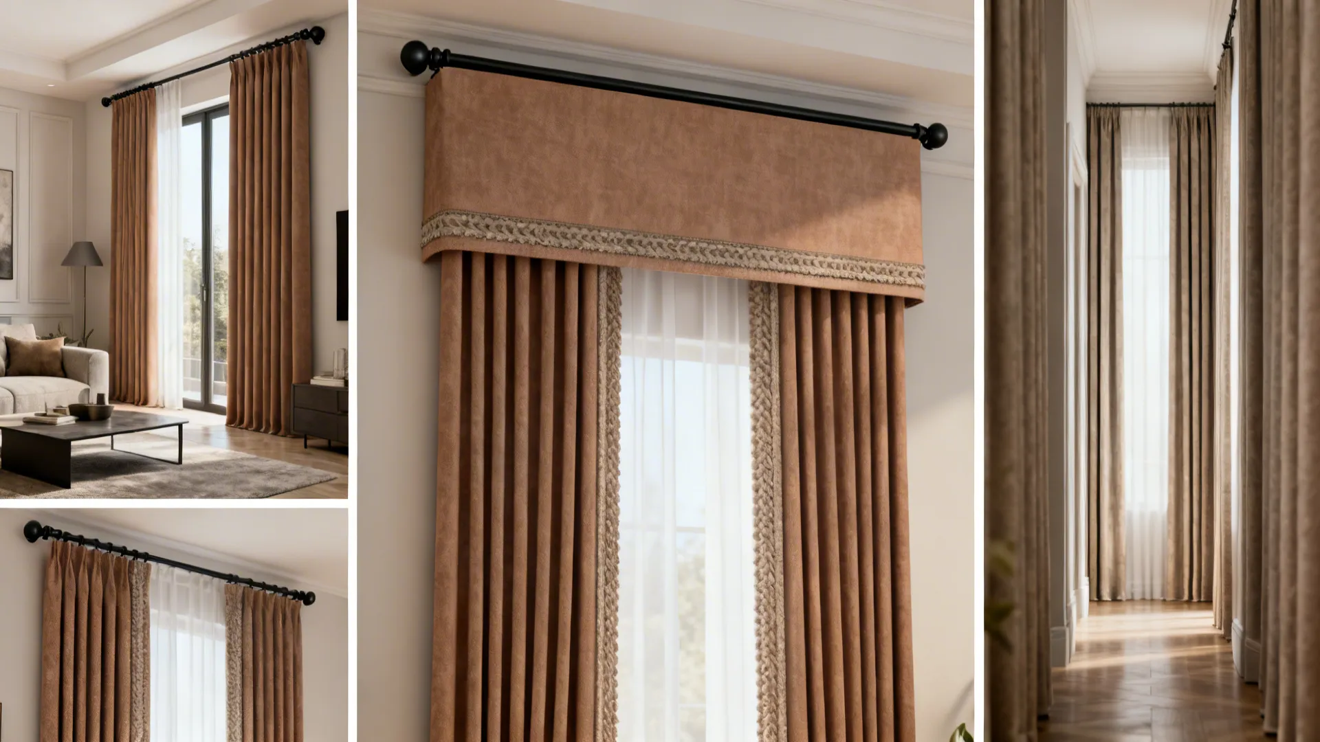 Collage of vignettes showing modern, traditional, and height-enhanced rooms with light brown curtains