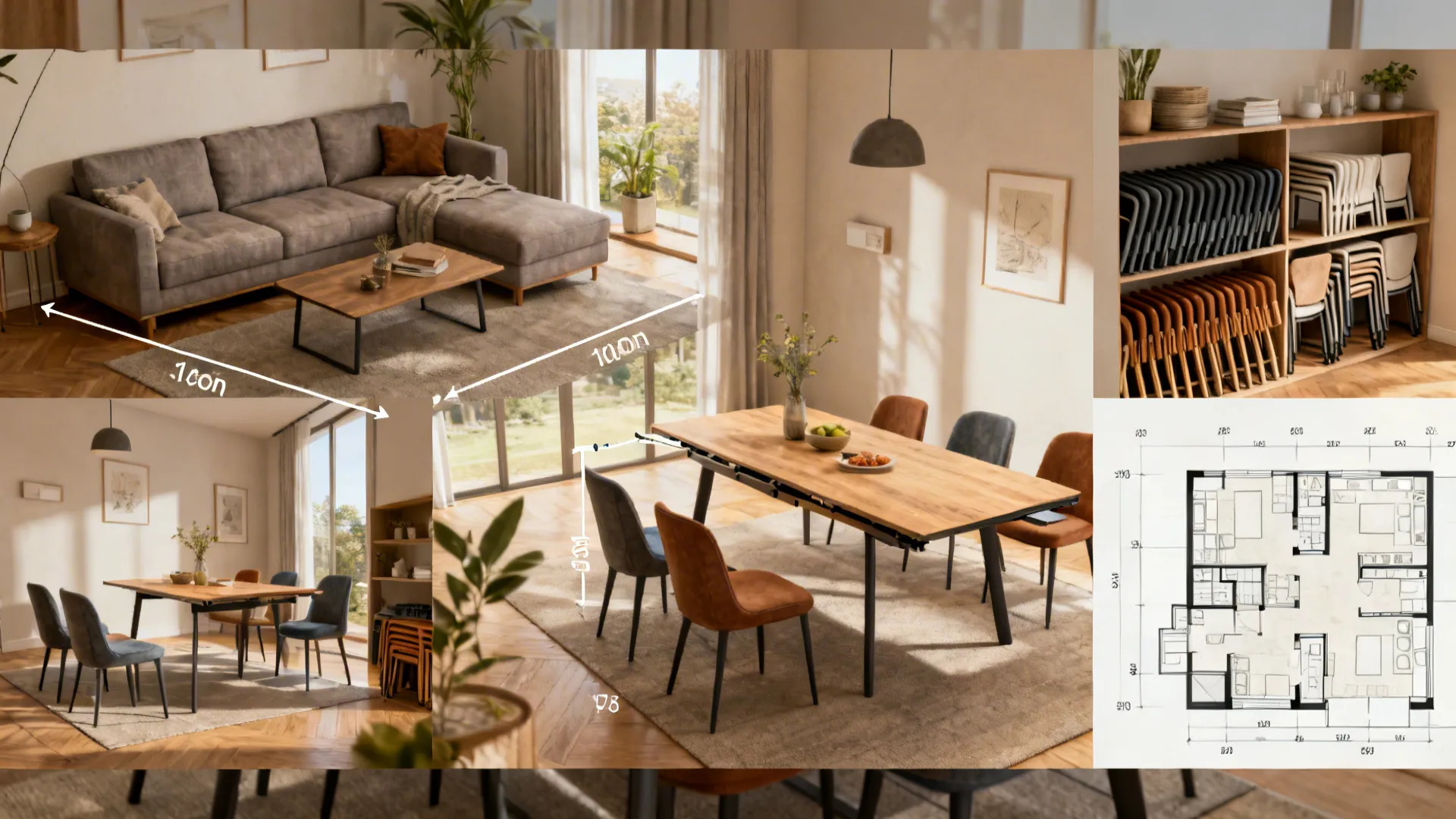 Interior design drawing with measurements, wooden furniture, dining table set, and a detailed floor plan