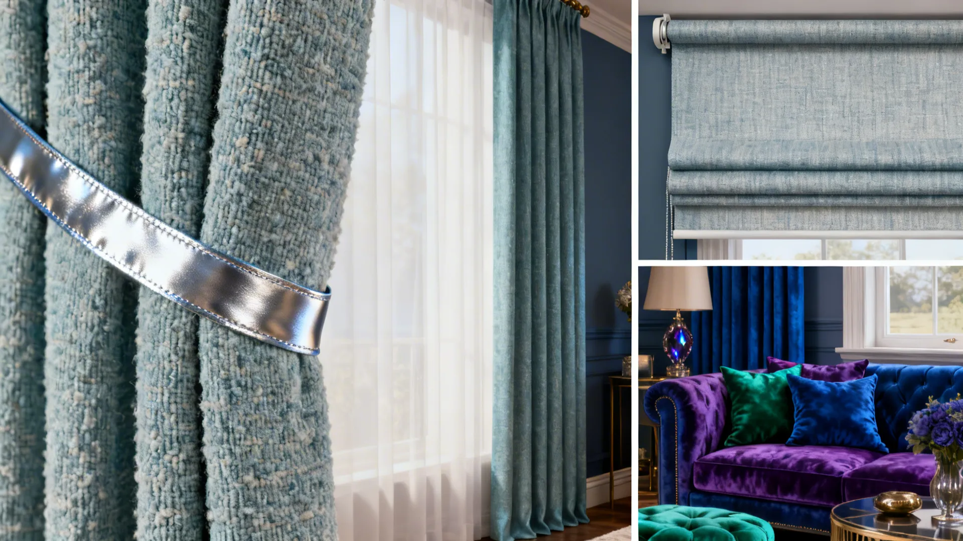 Collage showing blue textured curtains with silver tieback blue window blinds and purple velvet sofa