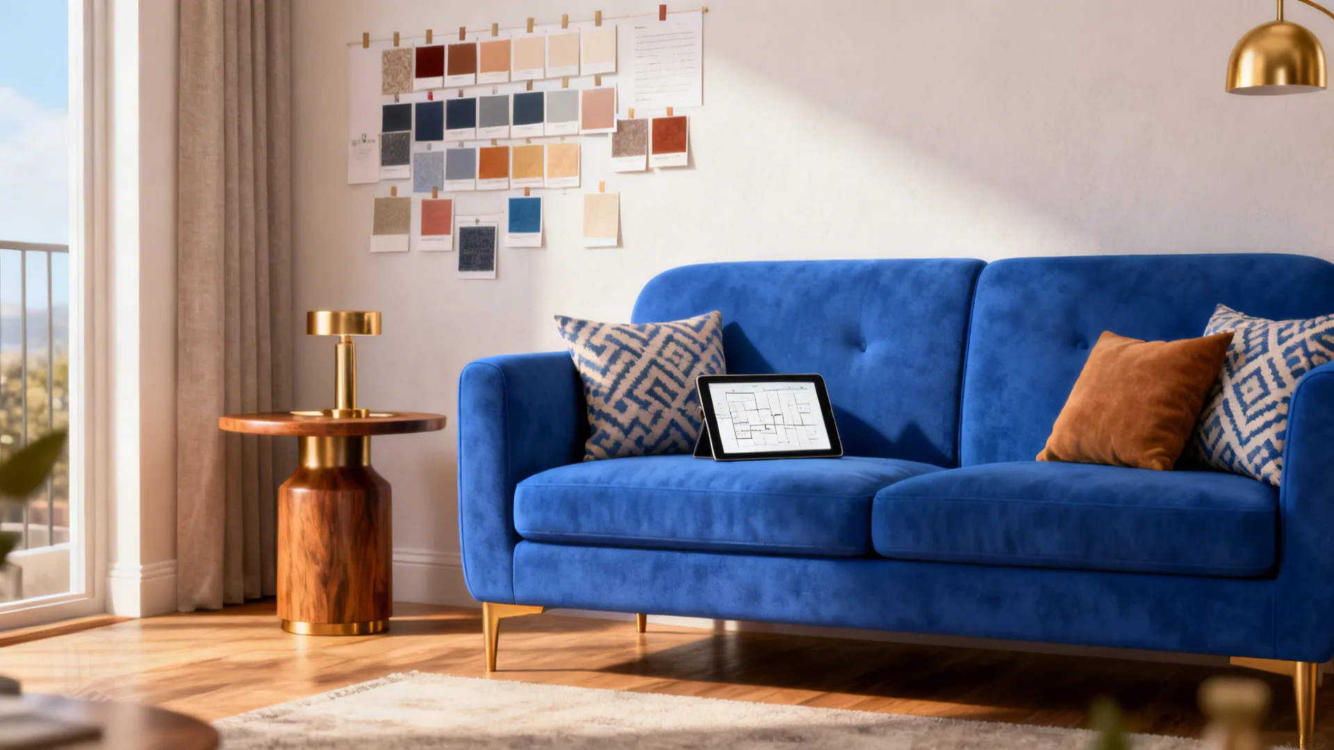 Vignettes showing a royal blue sofa, swatches, warm wood and brass accents, and a room planner tablet.