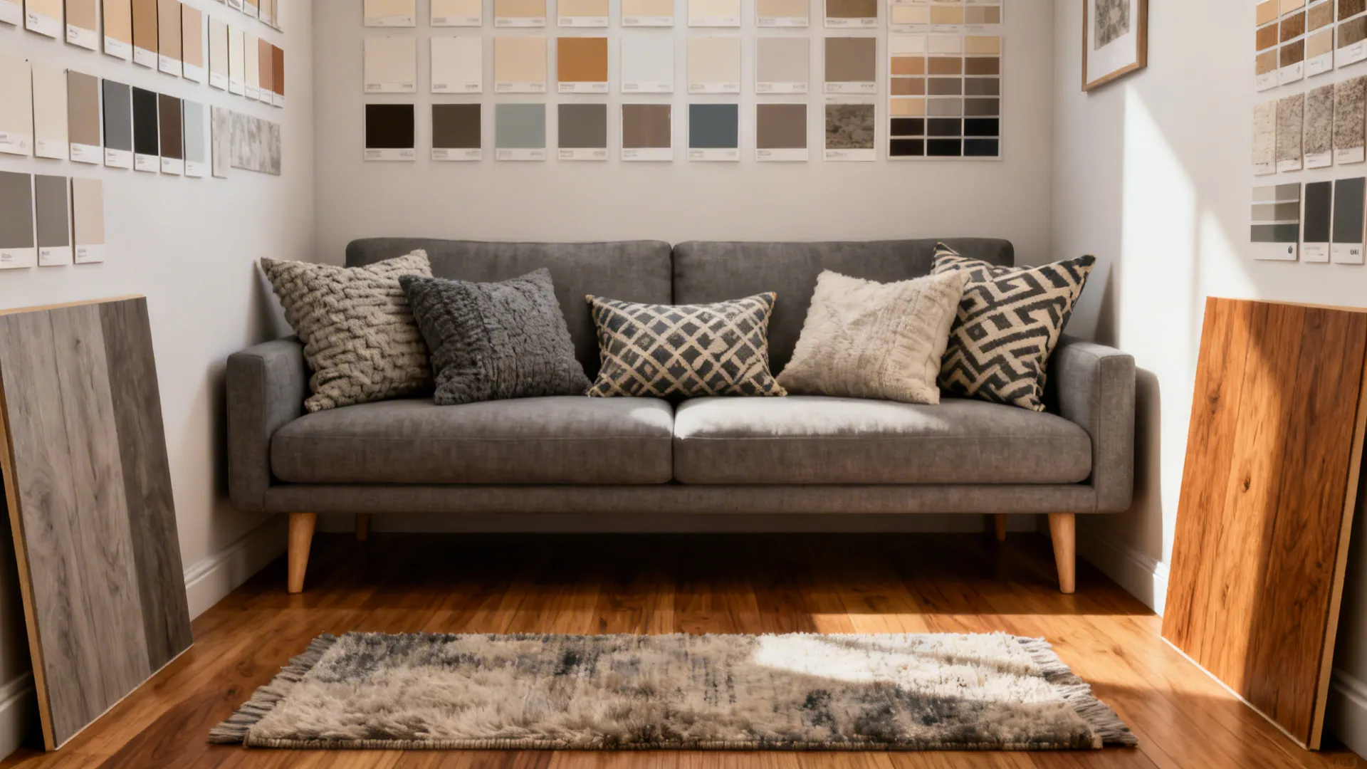 Vignettes showing paint swatches, textured pillows, patterns, and flooring paired with a gray sectional.