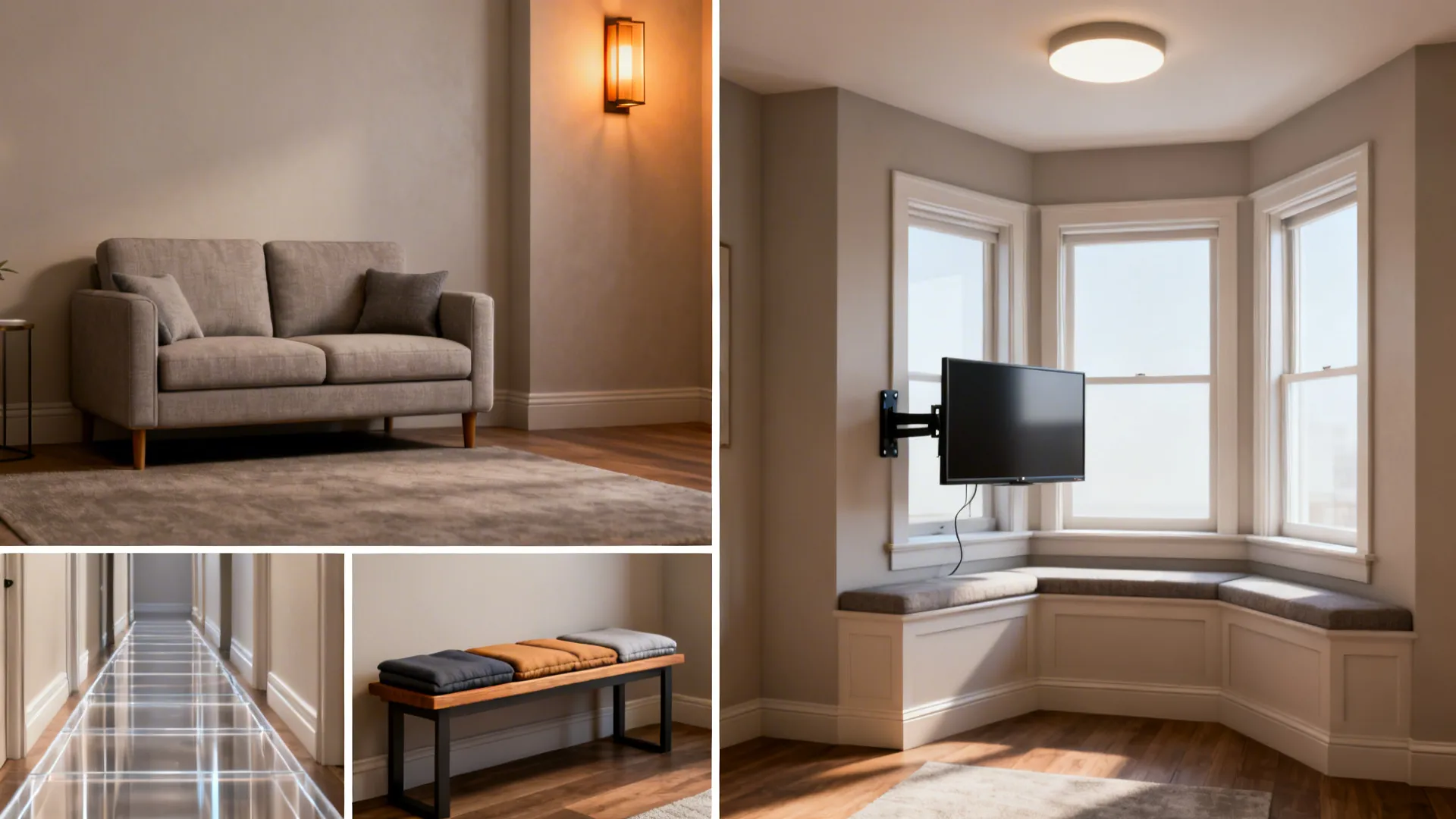 Interior design collage featuring a grey sofa, hallway lighting, wooden bench, and wall mounted television.