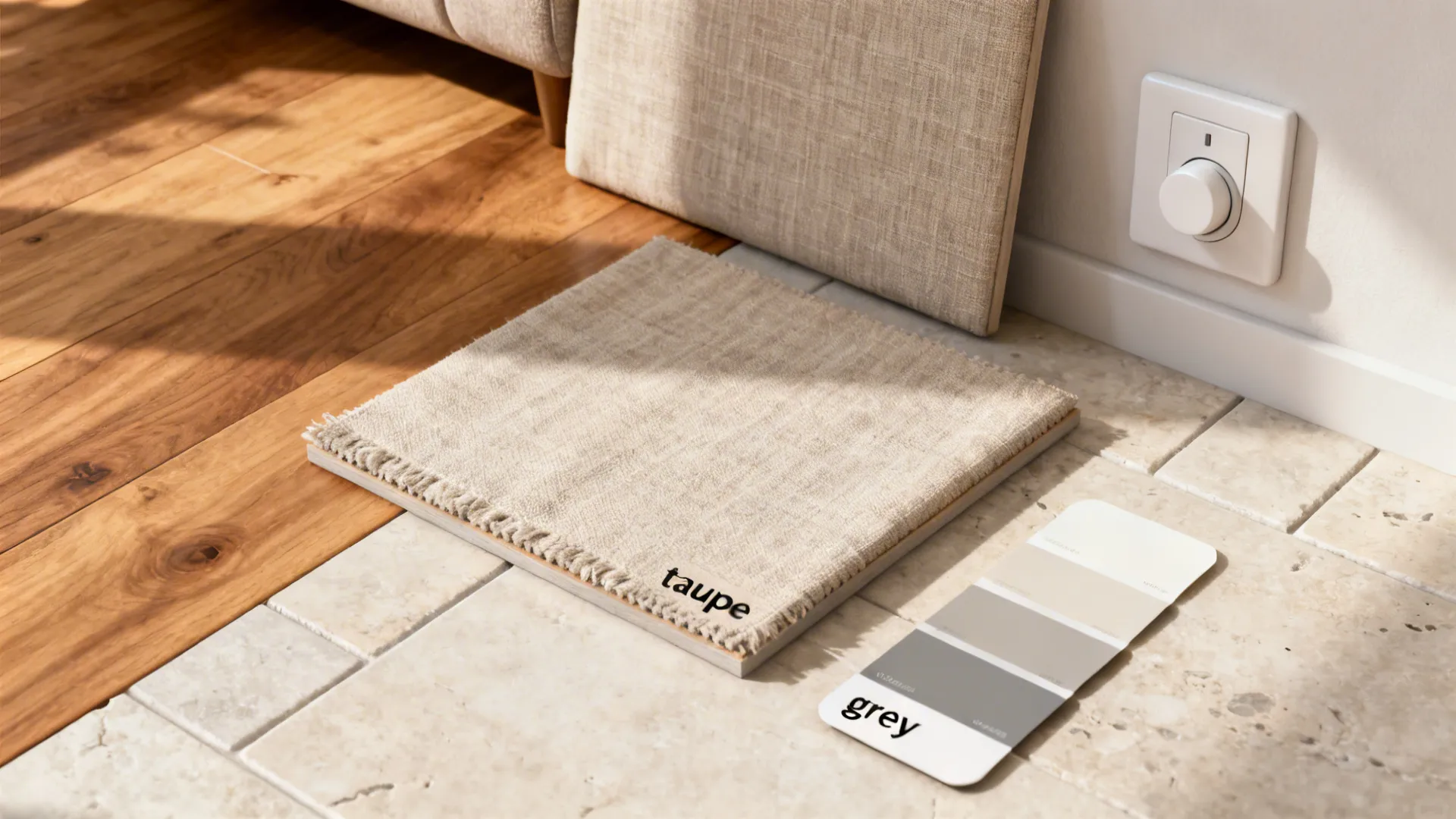 Vignettes showing flooring options, fabric swatches, lighting dimmer, and paint samples for taupe and grey rooms.