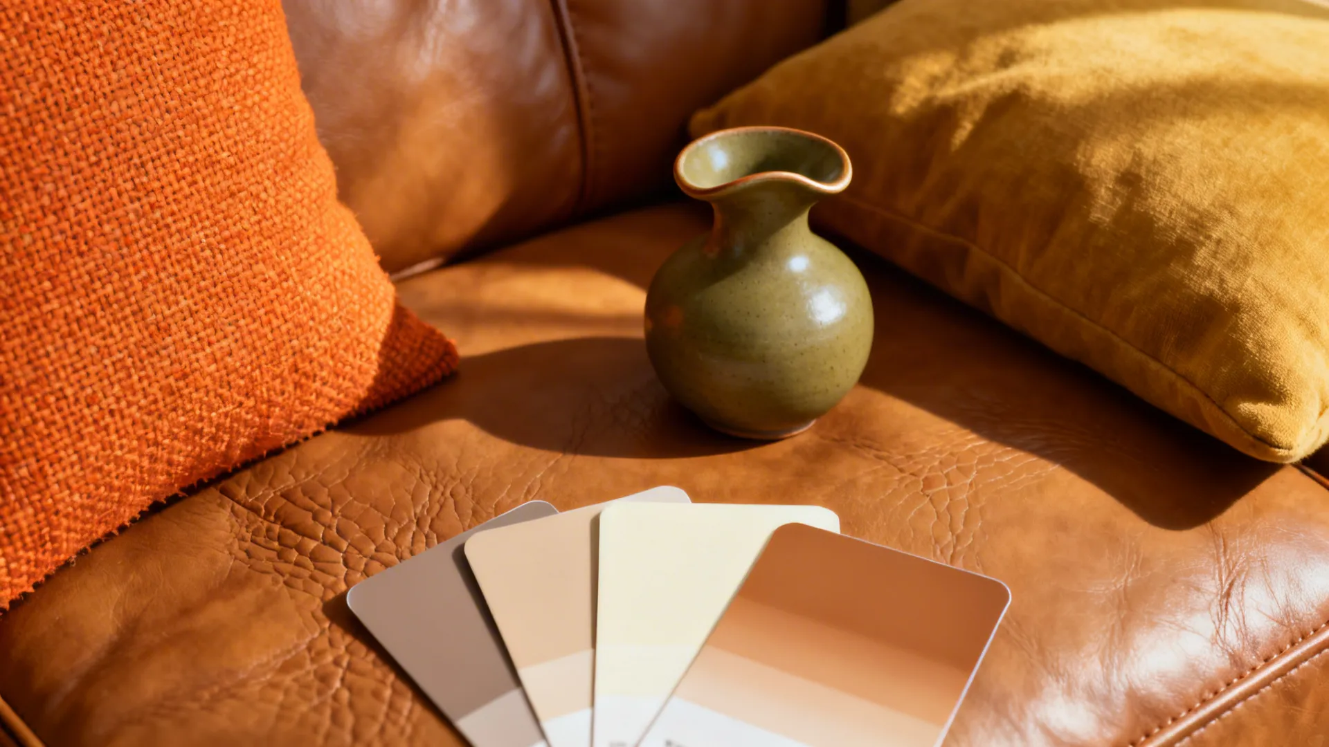 Vignettes showing fabric swatches, paint samples and accent props for a burnt orange and black palette