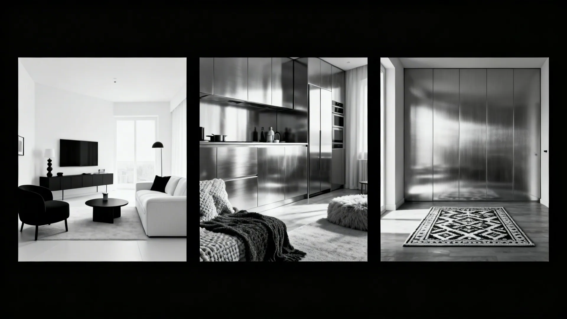 Three black and white interior design drawings showing living room kitchen and modern bedroom layout