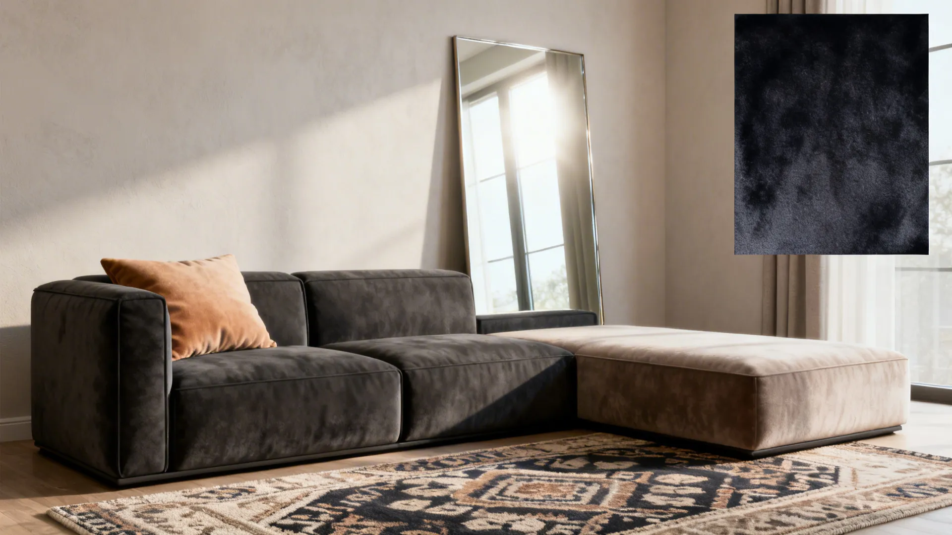 Modern dark grey sofa with beige section, patterned rug, large mirror, sunlight, and fabric swatch