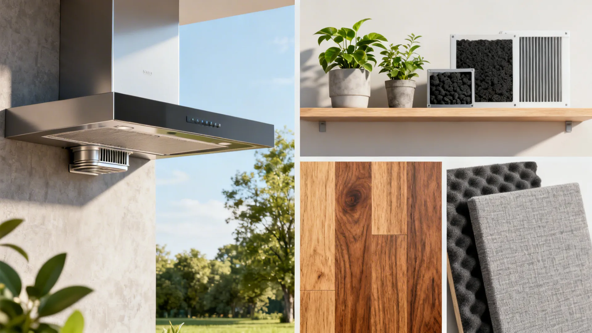 Collage showing range hood venting, plants and filters, flooring sample, and acoustic panels for open-plan solutions.