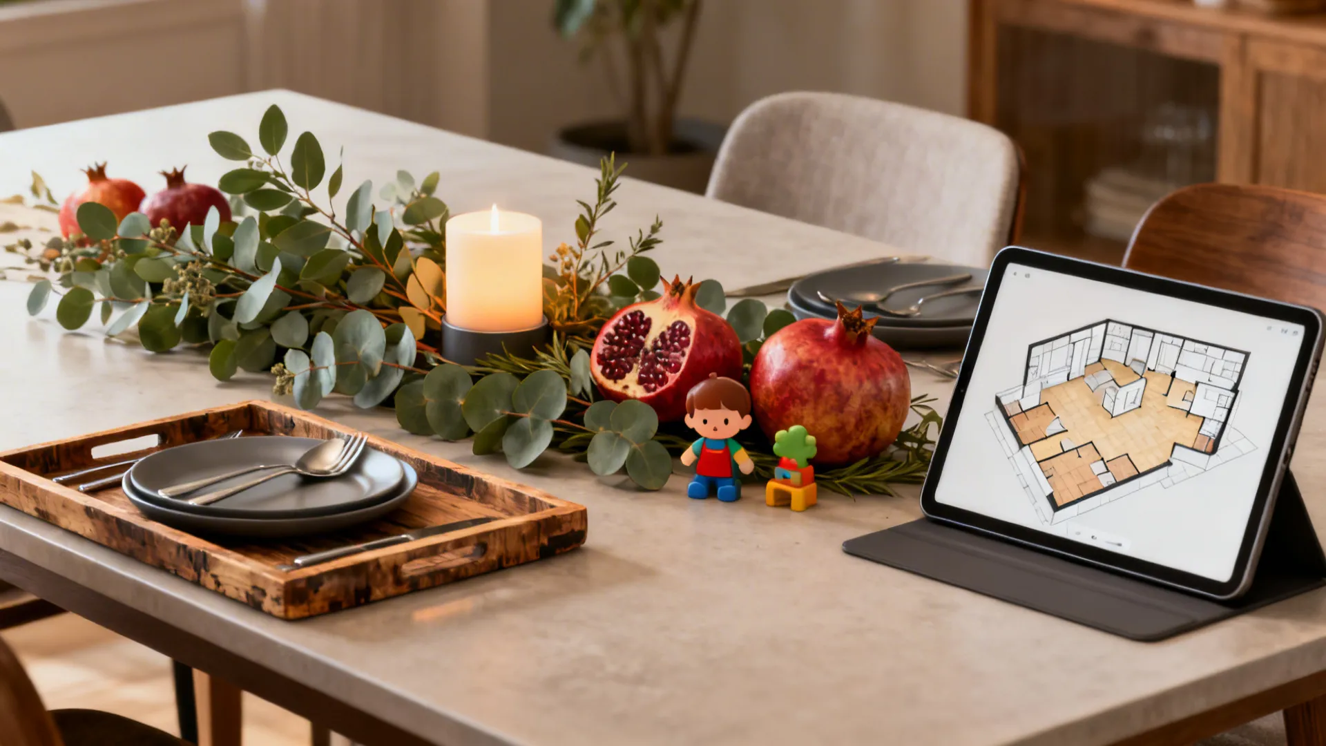 Vignettes showing centerpiece size, edible botanicals, child-friendly options and a 3D floor planner on a tablet
