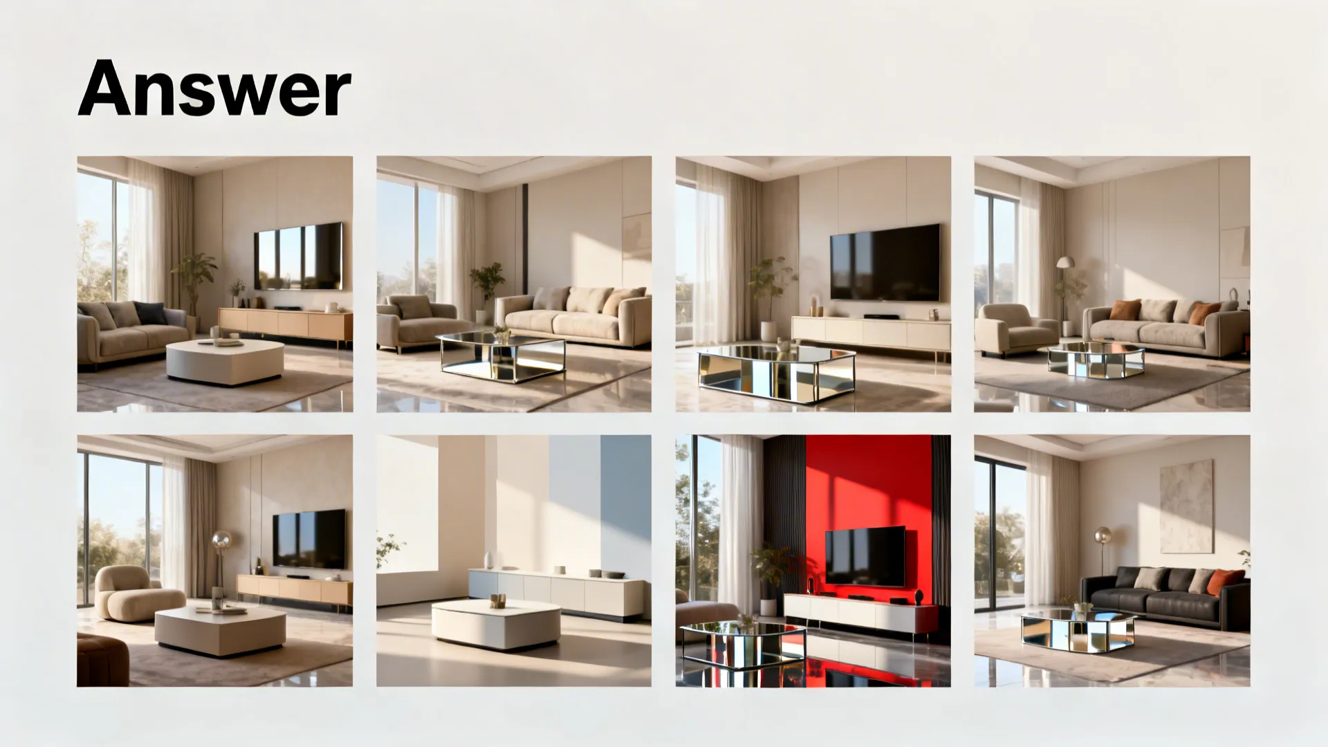 Multiple small living room vignettes showing lighting, finishes, and accent color examples for FAQs.