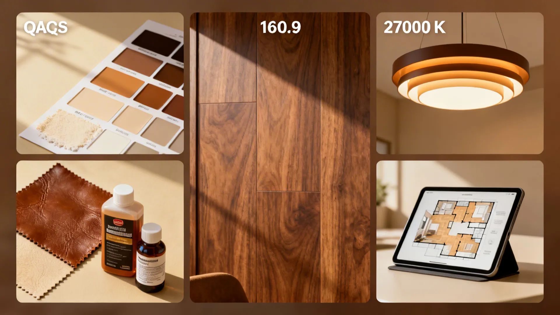 Vignettes of paint swatches, leather sample, lighting close-up and floorplan mockup.