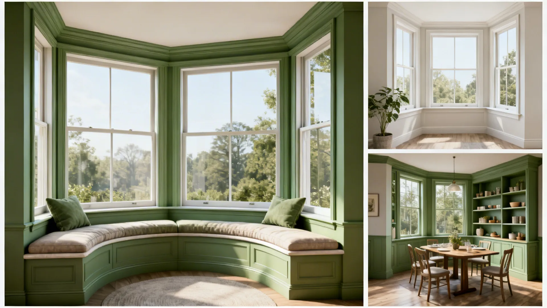 Grid of bay window solution vignettes: seat, curved sofa, dining nook and shelving.