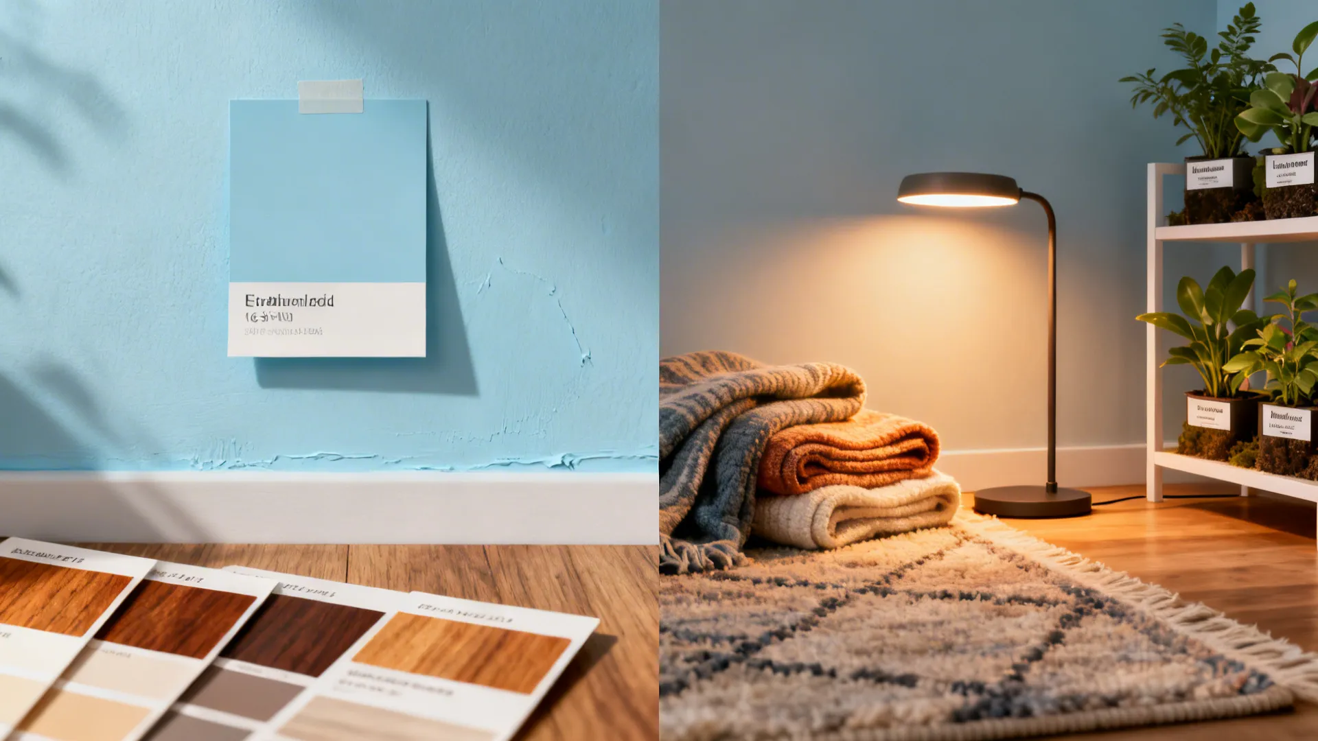 Vignettes showing paint swatches, wood samples and warm lighting for blue rooms
