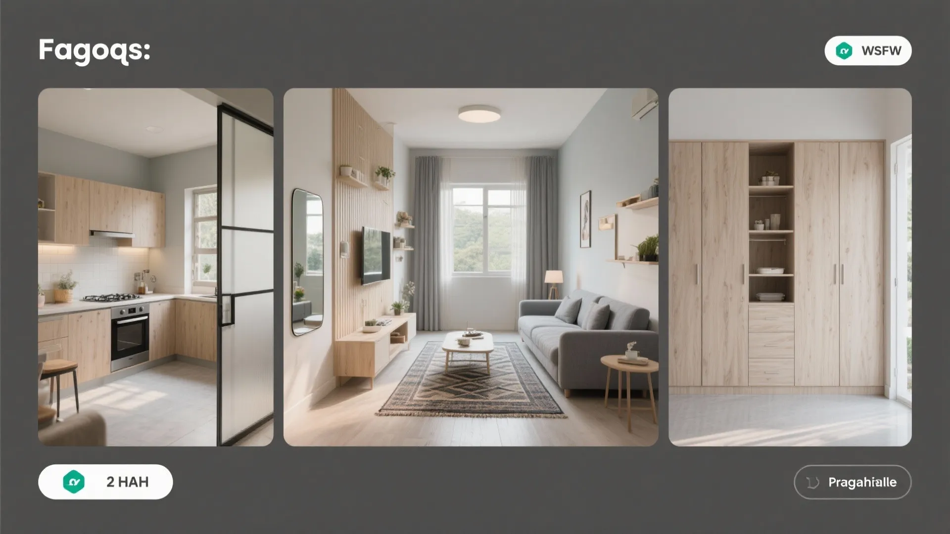 Modern apartment interior design collage featuring a kitchen area living room and light wood cabinet