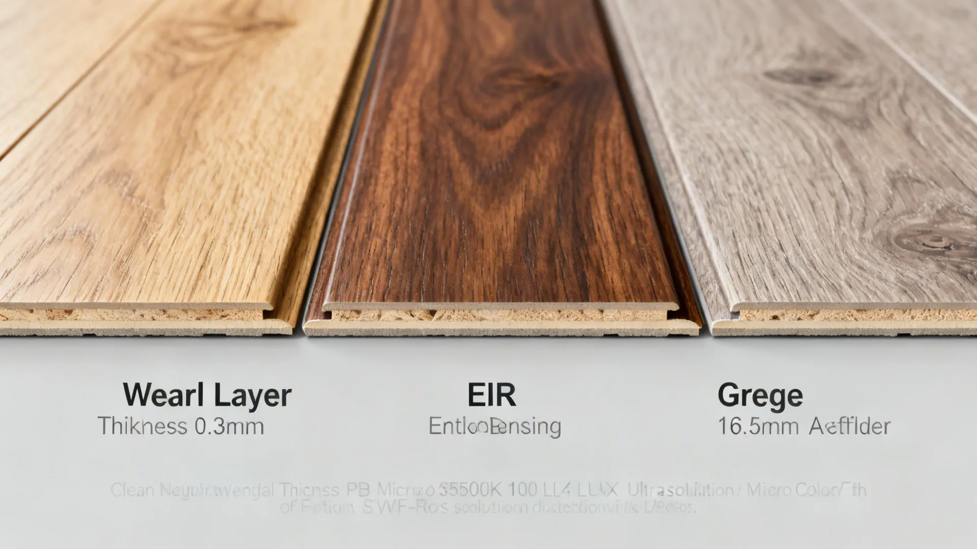 Macro of light oak, walnut, and greige ash vinyl plank edges and textures.