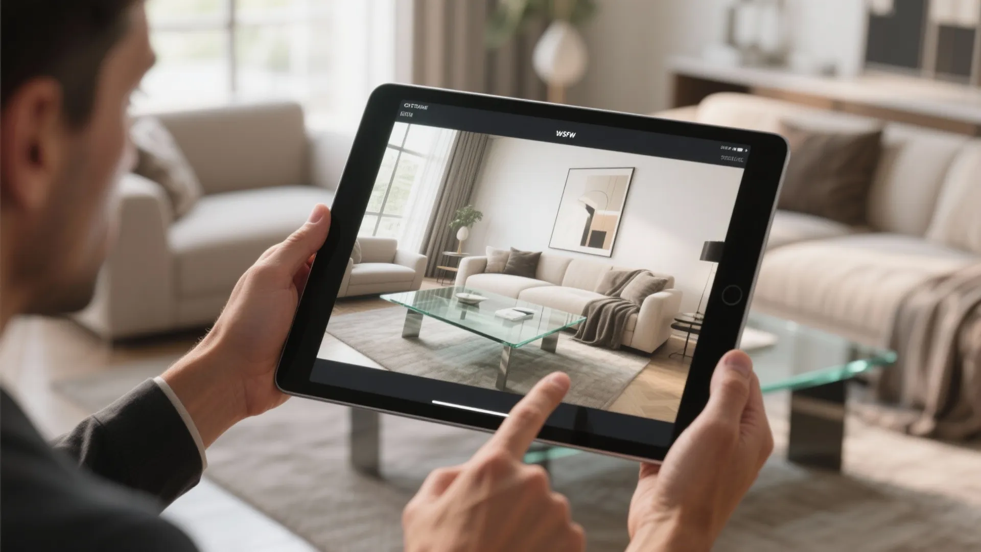 Person holding tablet showing interior design drawing of a modern living room with white sofa