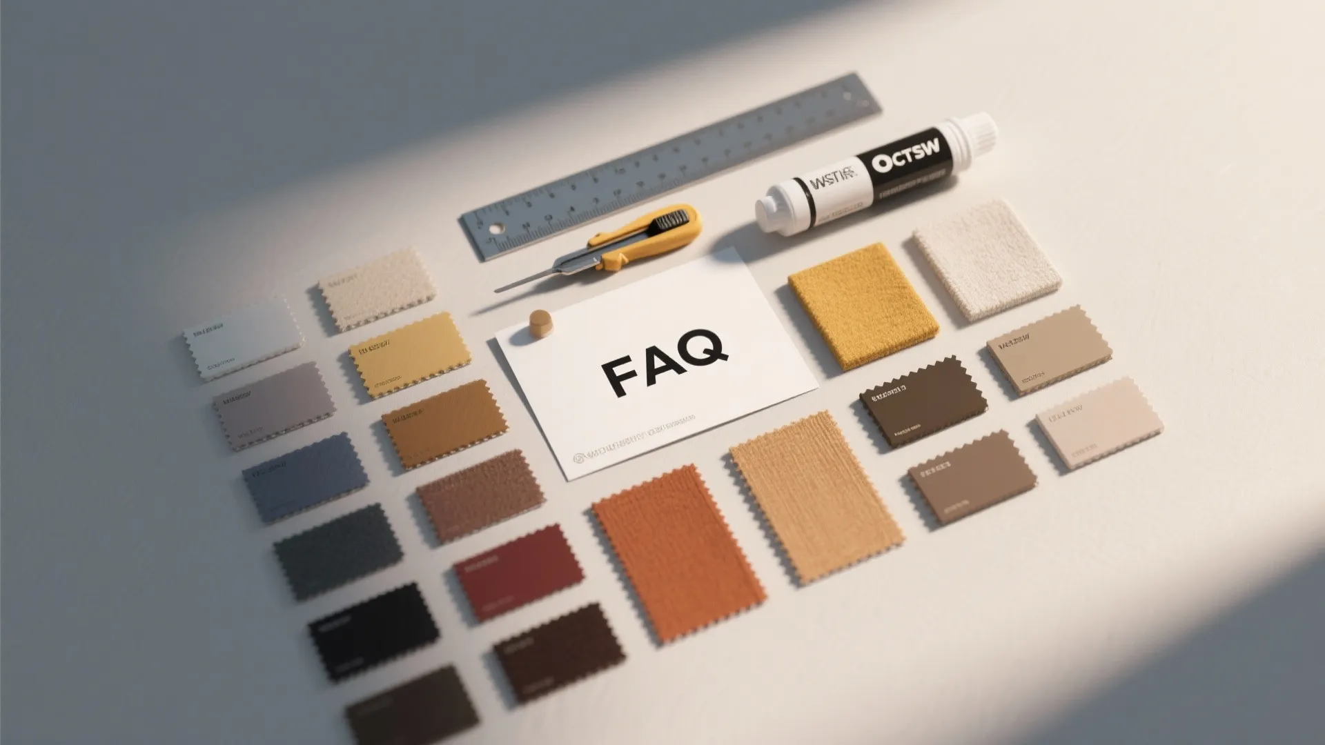 Interior design tools including color swatches fabric samples ruler knife marker and central FAQ note