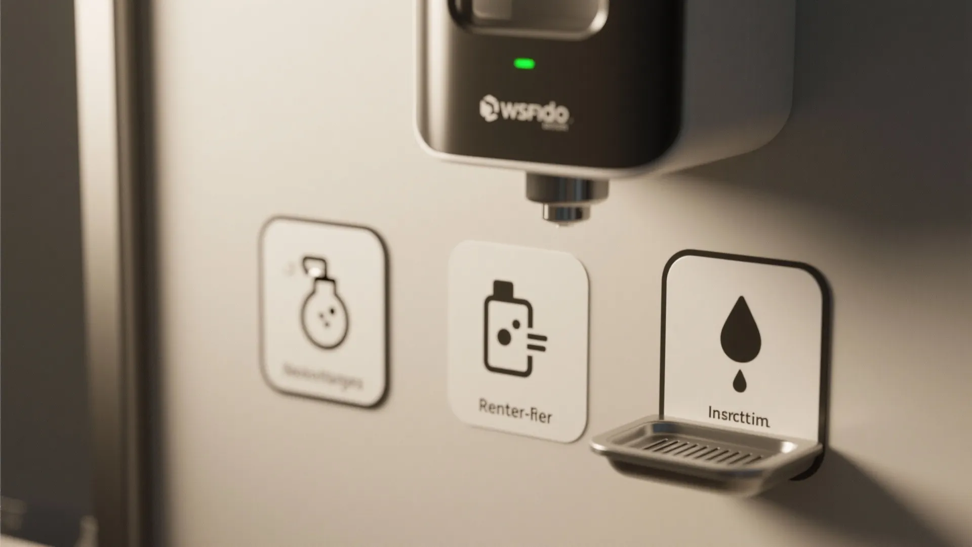 Macro view of clear dispenser icons and pictograms for dosing and renter-friendly tips