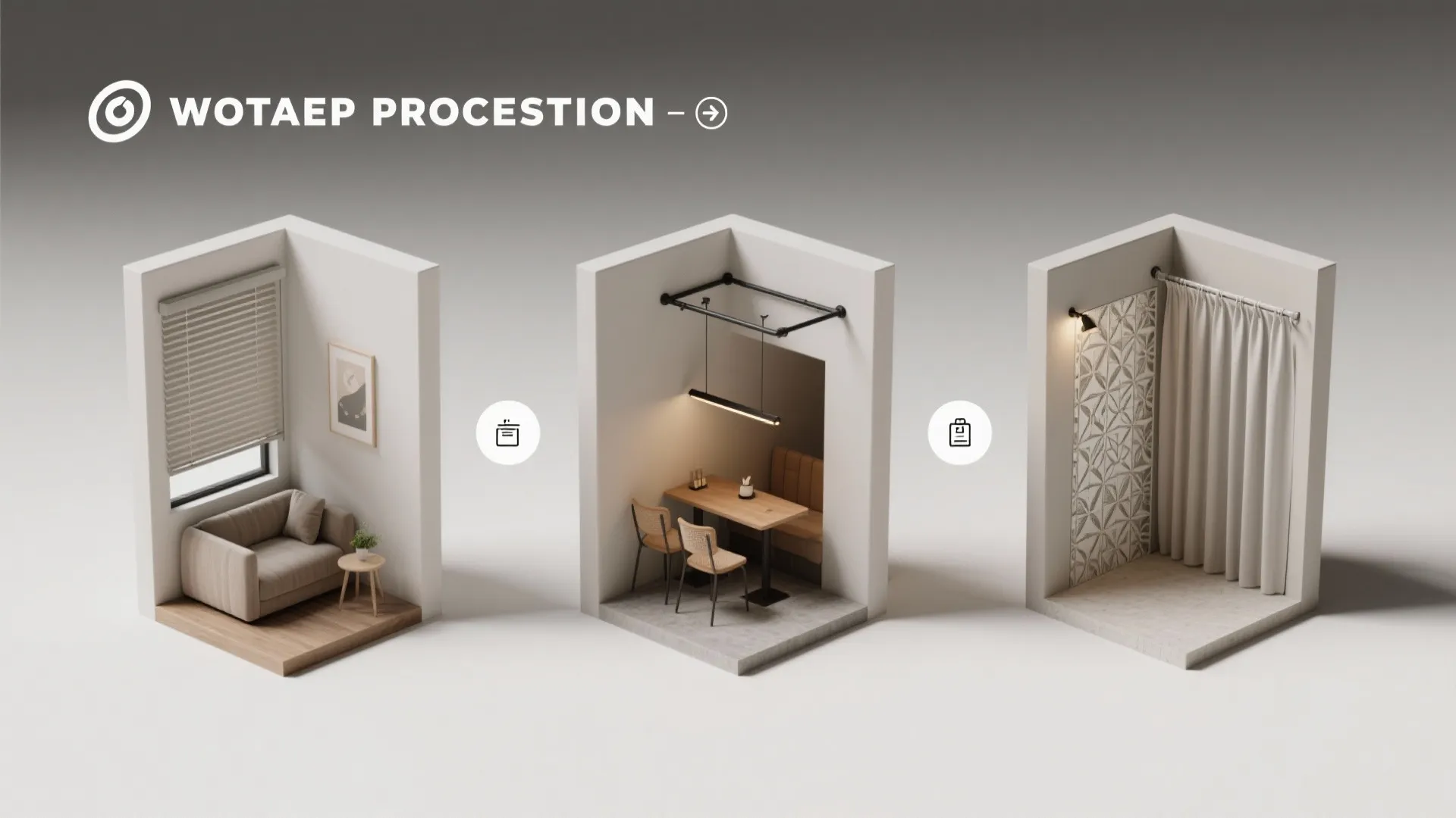 Interior design drawing showing three small room layout ideas including living dining and shower areas