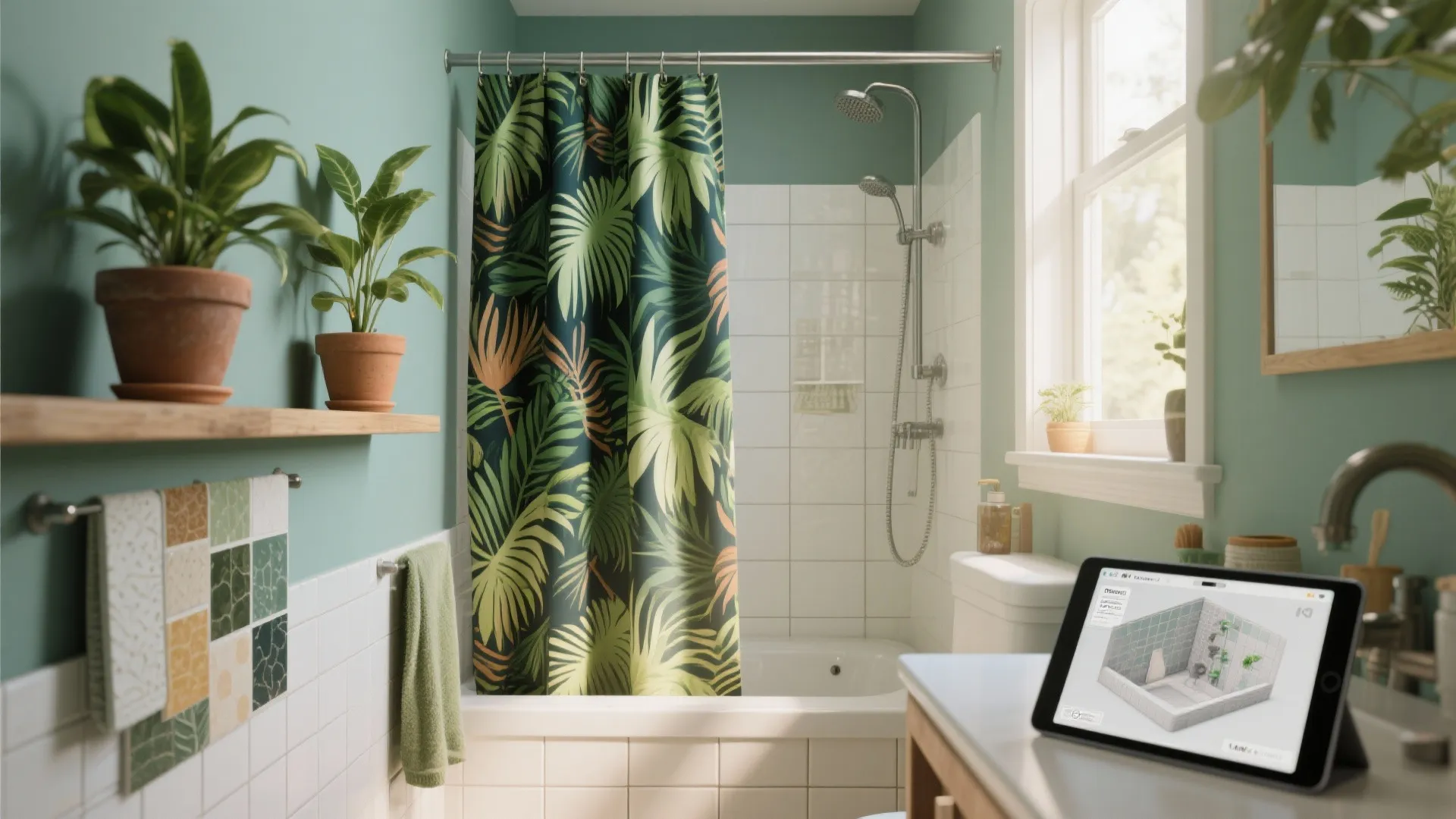 Budget-friendly jungle bathroom montage with printed shower curtain, small plants, peel-and-stick tile and a 3D render on a tablet.