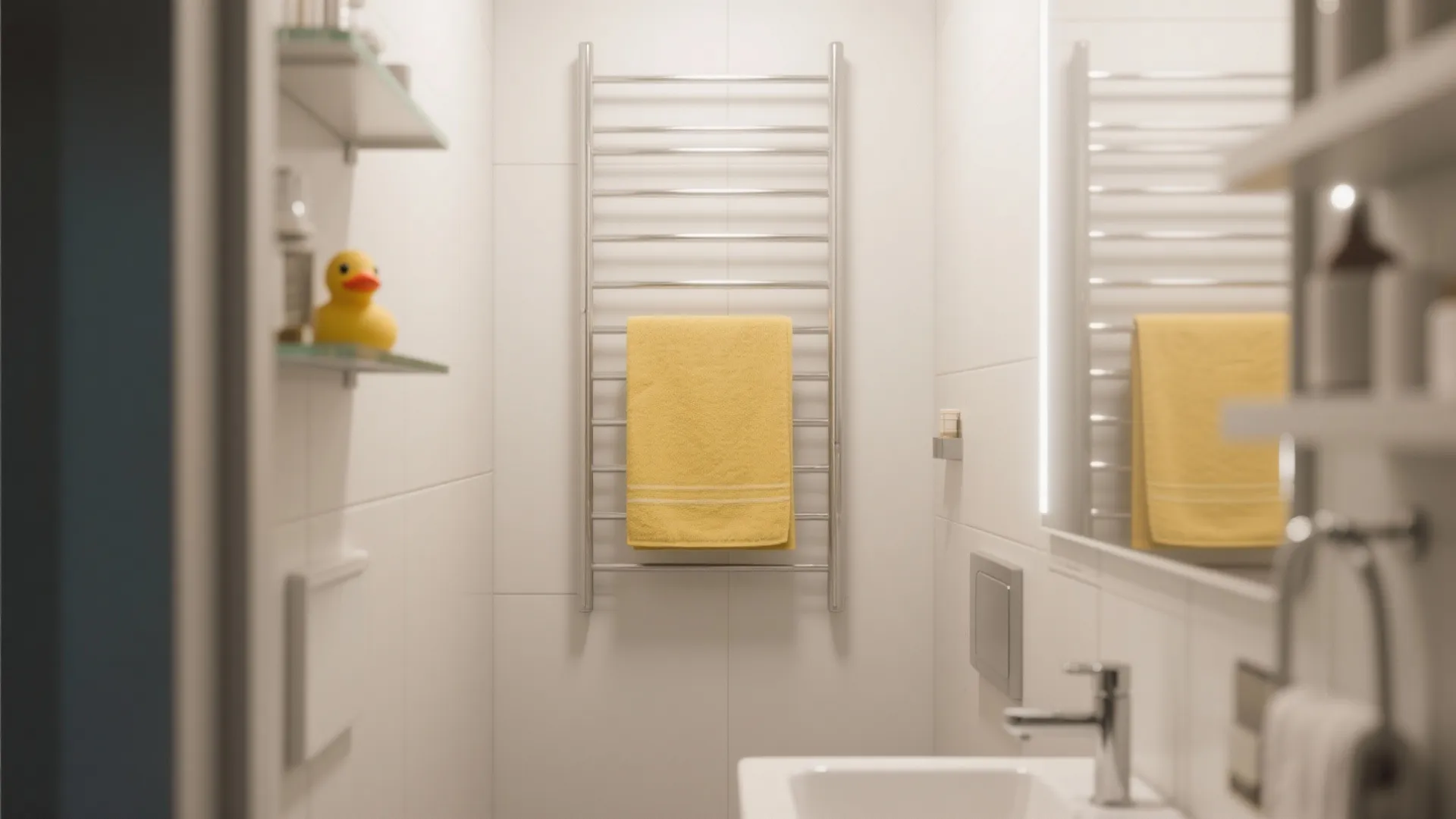 Modern bathroom interior with heated towel rack yellow towel white sink mirror and rubber duck