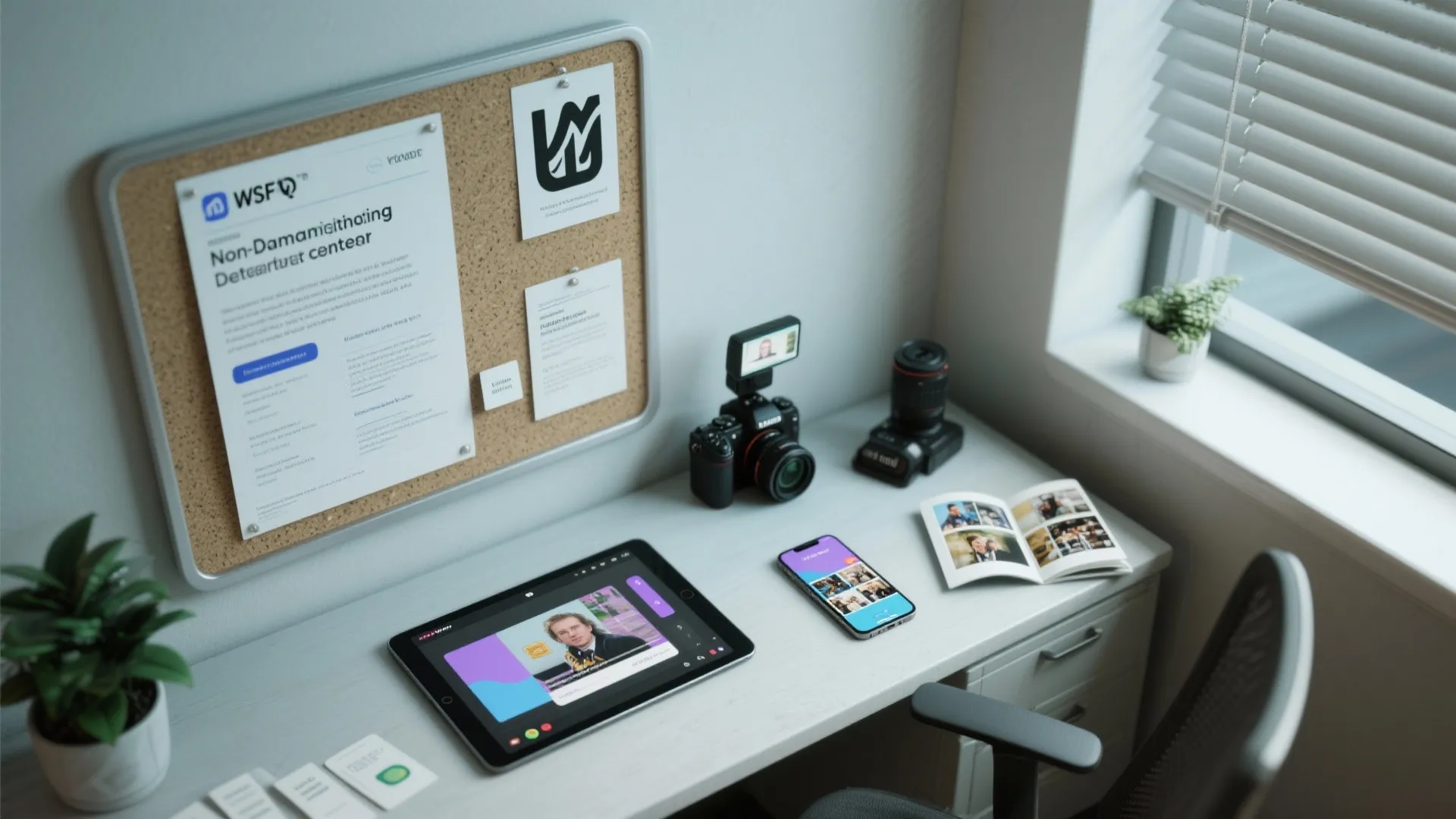 White office desk with tablet showing design work plus camera and cork board with papers