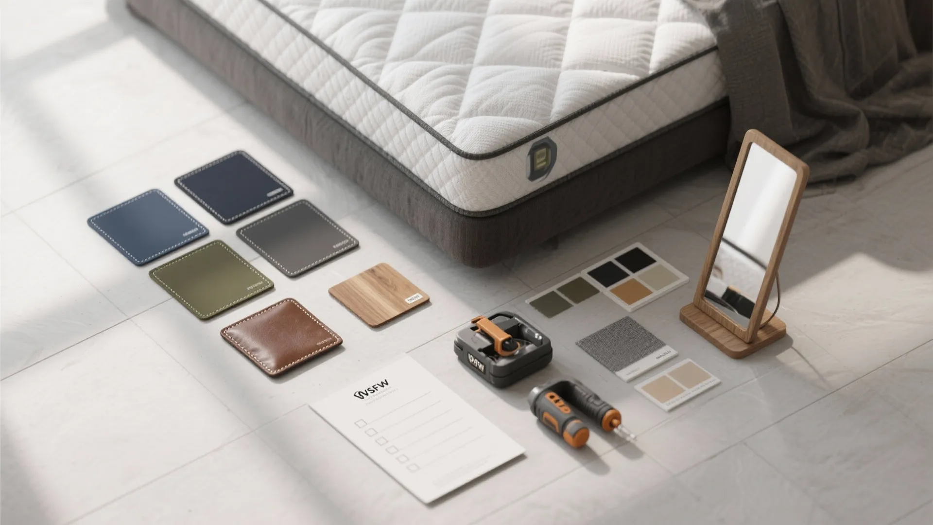 Mattress on floor surrounded by leather samples small wooden mirror tools and a white checklist