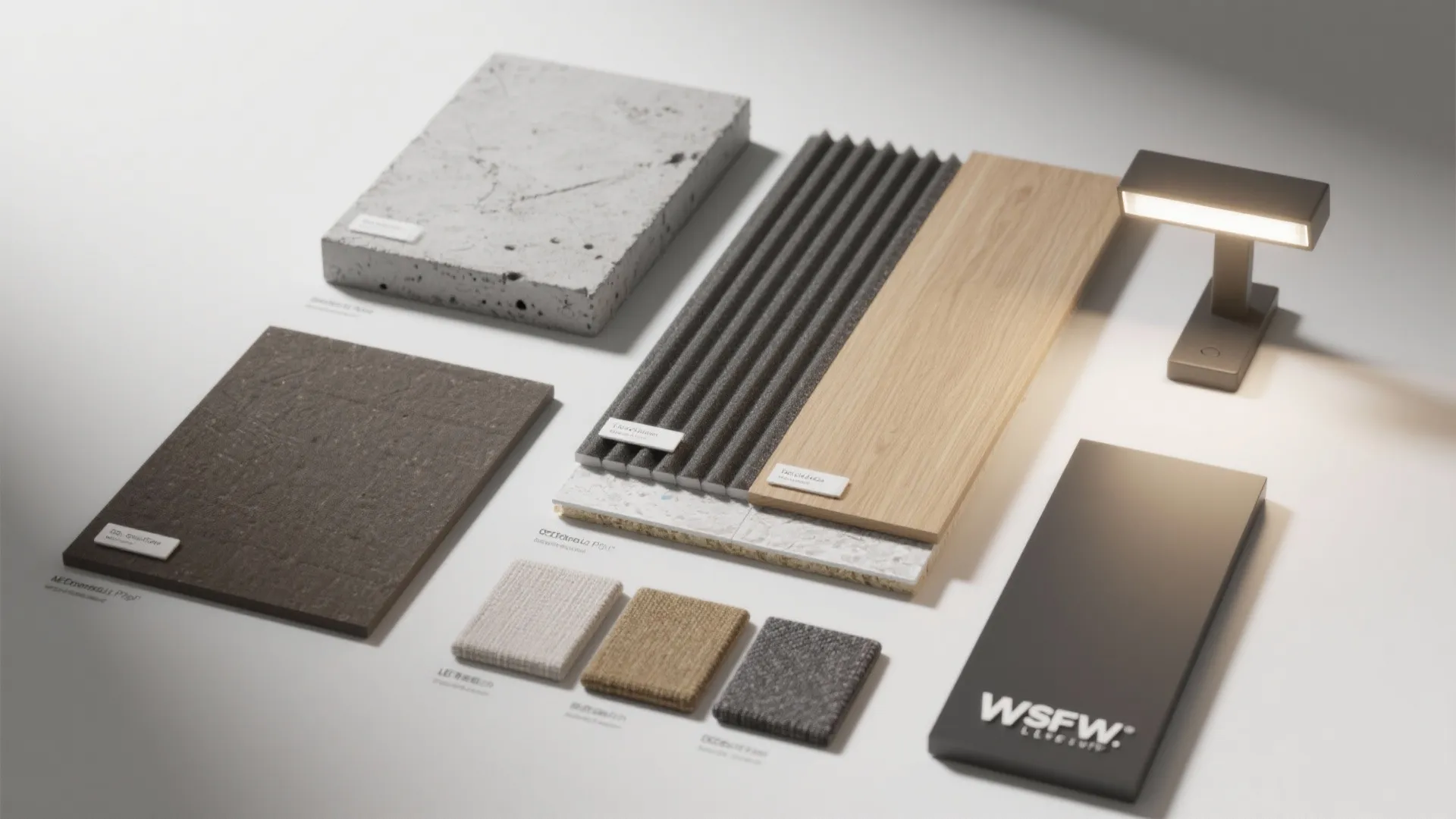 Top-down flatlay of flooring, acoustic, and upholstery samples for planning a shop office interior.