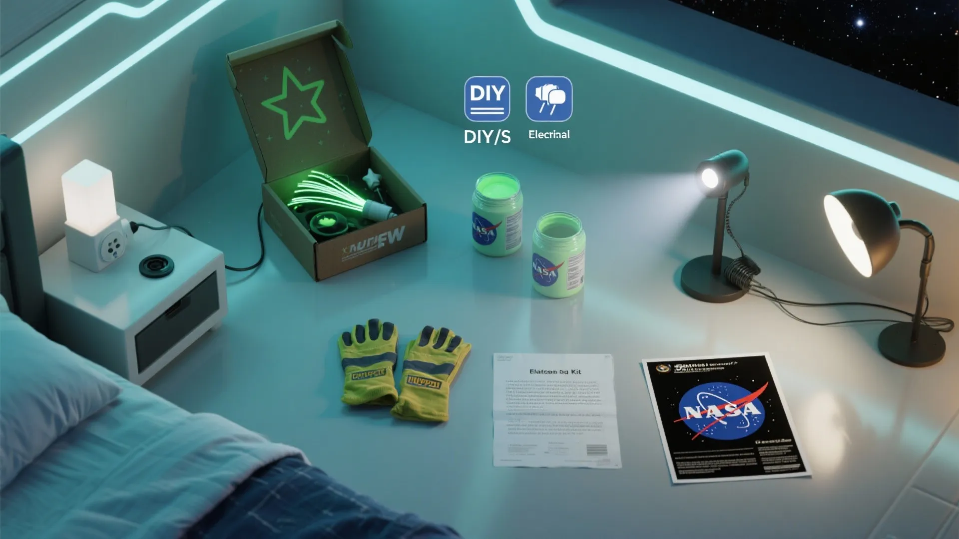 Bedroom desk with DIY space kit showing glowing paint jars gloves small lamps and poster