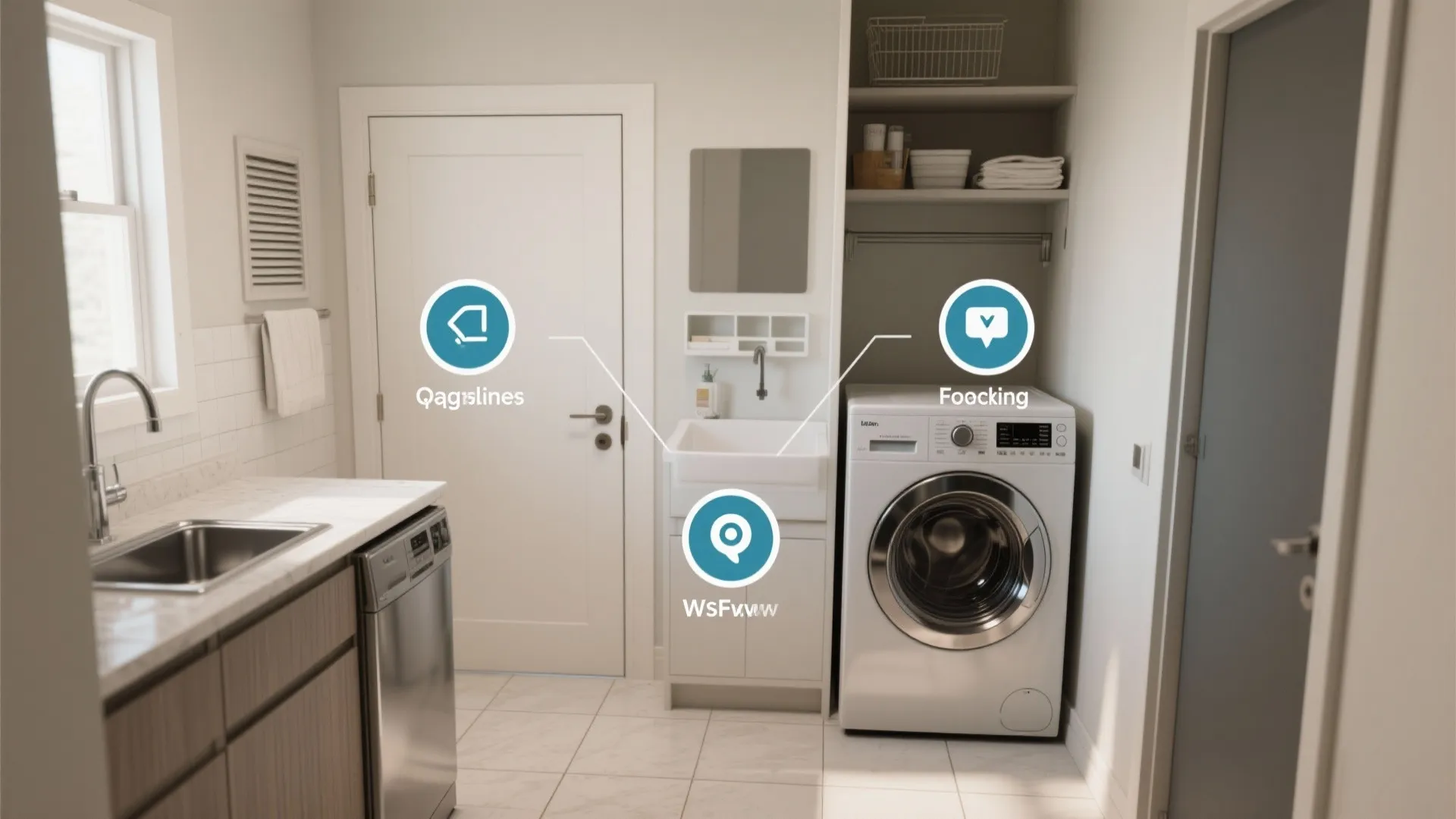 Small laundry area showing a sink and washing machine with icons highlighting various room design